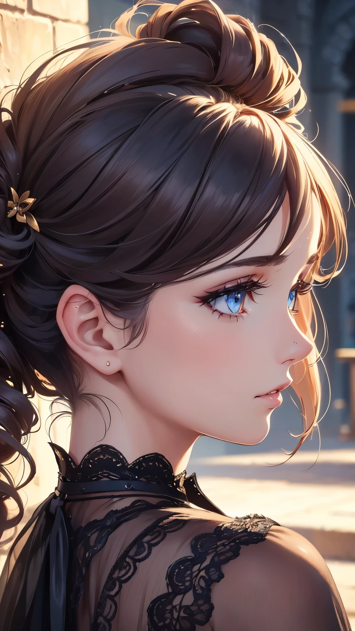 (best quality,4k,8k,highres,masterpiece:1.2),girl,side view,profile side view,beautiful detailed eyes,beautiful detailed lips,long eyelashes,medium:portraits,vivid colors,soft lighting, perfect side view, looking straight