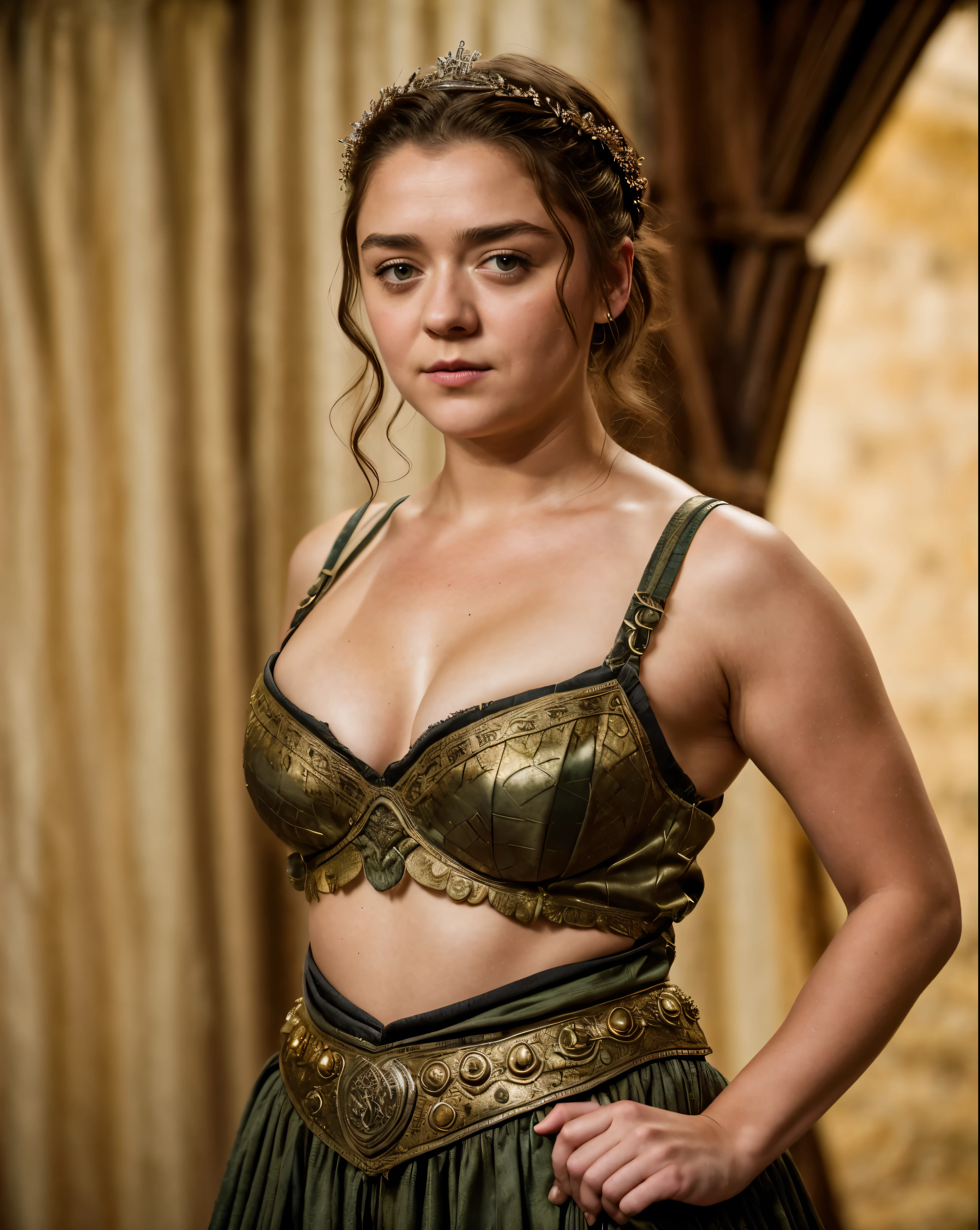 Foto RAW, Arya Stark, Extremely gorgeous lady, Arya Stark PLAYED BY MAISIE WILLIAMS, Queen Arya Stark, she a mature woman now, milf, sexy mediaeval battle dress, gladiator woman, body, 40 years old Woman, body revealing costumes, perky breast, big natural breast, erotic costumes, lusty physique, seductive figure can capture every people's attention, Game of thrones costumes, revealing captivating figure, Mediaeval costumes, revealing clothes, A tomboy, she would rather fence than dance, warrior queen , game of thrones screen caps, Game of Thrones Series, (pele altamente detalhada: 1.2), 8k UHD, DSLR, soft-lighting, alta qualidade, grain of film, Fujifilm XT3, flawless picture, highly detailed, detailed Beauty, intricate, 32k, sharp picture,