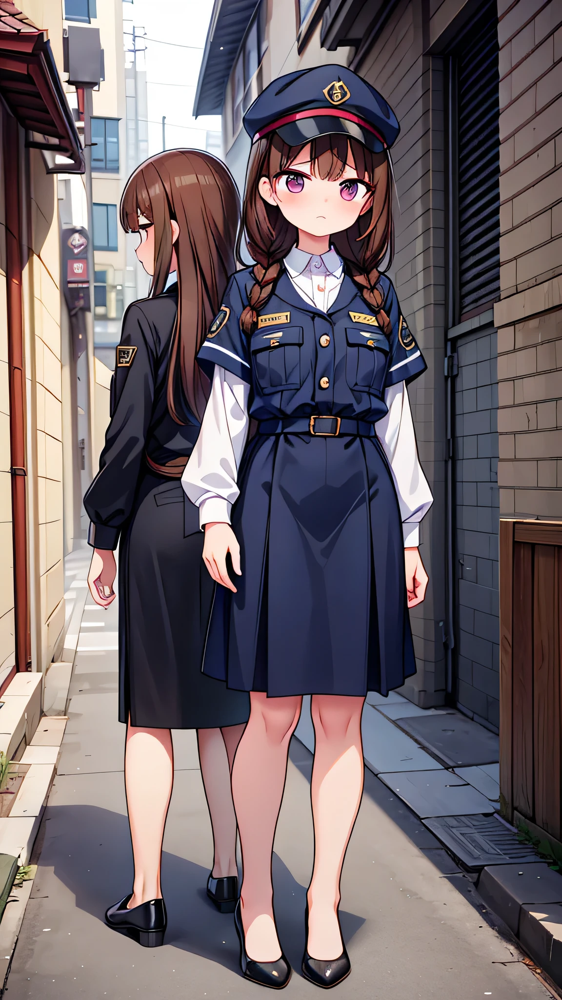 masterpiece、highest quality),Brown Hair,Long Hair,Two Girls,Bangs,Are standing,Lean your body forward a little,Men are standing,Back Alley,Braid,A woman wearing a uniform cap,Woman in security uniform,Woman with an angry face,Blushing,Slender women, A woman wearing plain black pumps,Bare feet and pumps,Straight Skirt