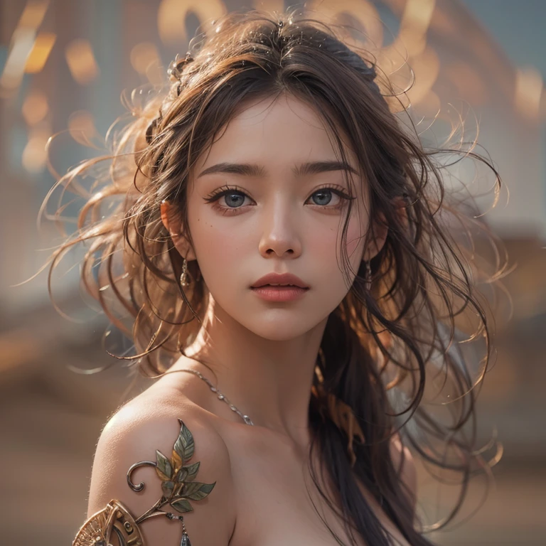 desert、Hair flows、 ((highest quality、masterpiece、8k、best image quality、ultra high resolution、Award-winning work)、(close-up of woman's face:1.35)、(close-up of face:1.3)、(accurate anatomy:1.1)、(look at me and smile:1.1)、Shg fair skin with ultra high resolution、most detailed face、ultra high resolution detailed face、ultra high resolutionの髪の毛、(ultra high resolutionの煌めく瞳:1.1)、Beautiful face drawn in every detail、(blurred background:1.1)、ancient Islamic clothes, chest together, tattoo