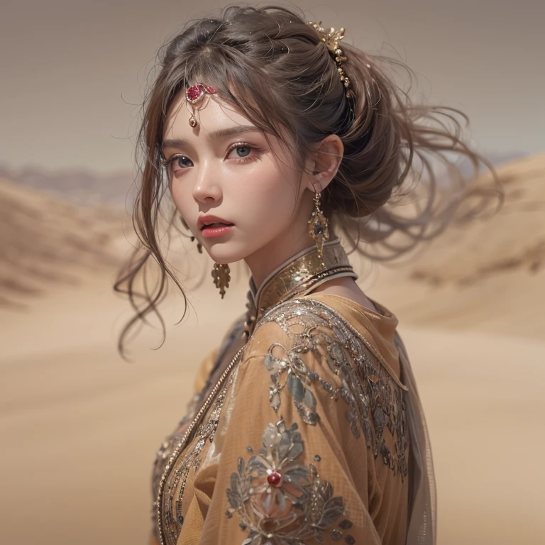 desert、Hair flows、 ((highest quality、masterpiece、8k、best image quality、ultra high resolution、Award-winning work)、(close-up of woman's face:1.35)、(close-up of naked face:1.3)、(accurate anatomy:1.1)、(look at me and smile:1.1)、Shining fair skin with ultra high resolution、most detailed face、ultra high resolution detailed face、ultra high resolutionの髪の毛、(ultra high resolutionの煌めく瞳:1.1)、Beautiful face drawn in every detail、(blurred background:1.1)、ancient Islamic clothes, chest together, tattoo