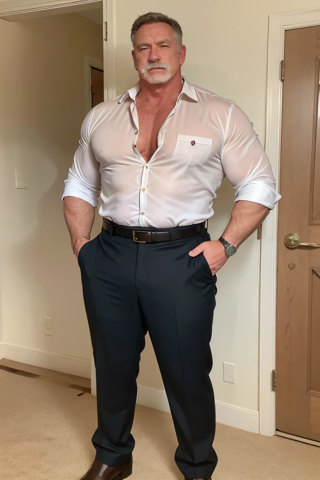 age 60, white man police detective with a mature, kind demeanor, strong and muscular yet chubby build, mustache, wearing dress pants and a buttoned-open translucent shirt that reveals a hairy chest and a noticeable bulge, wearing detective badge on belt, giving off a hint of a horny yet disgusting aura, completing the look with comfortable loafers.