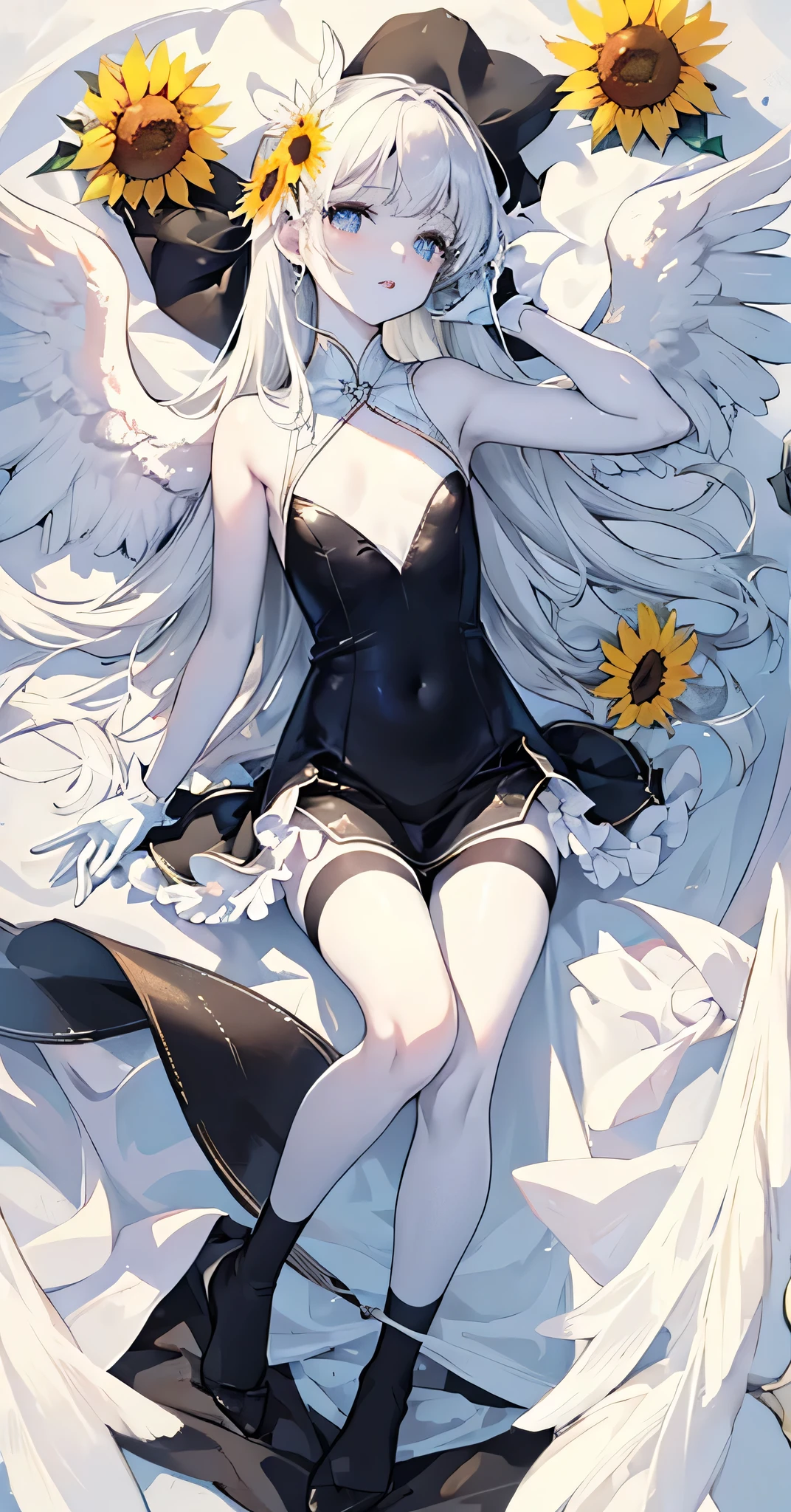 An angel is depicted with a pale and luminous complexion, their skin seemingly glowing with an otherworldly radiance. They are adorned with a pair of sparkling and graceful wings, symbolizing their divine nature. The scene is ethereal and enchanting, capturing the beauty and mystery of these celestial beings. angel, pale, luminous, complexion, glowing, otherworldly, radiance, sparkling, graceful, wings, divine, ethereal, enchanting, beauty, mystery.full body, ((small breasts)), ((，White gloves，flat chest)),(flower, sunflower:1.3),(((black legwear))), (stand up)
