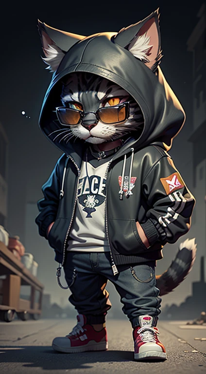 Fucking, Cartoon black cat in jacket and skateboard, sunglasses,