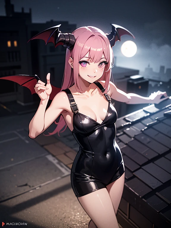 (Best quality,4K,8K,High accuracy,Masterpiece:1.2),Very detailed,(real,photoreal,photo-real:1.37),Devil girl,Anime,short,cute,Dark background,Purple eyes,Pink hair,Floating above the ground,Barbed tail,Small bat wings,Horns on the head,Naughty smile,Playful expression,He wears a revealing black outfit,He carries a magical artifact,Cast spell,He stands on a moonlit roof,The moonlight illuminates her form,Misty atmosphere,A soft glow surrounded her,Subtle shadows and highlights,Contrasting light and dark tones,Create a mysterious and alluring atmosphere.