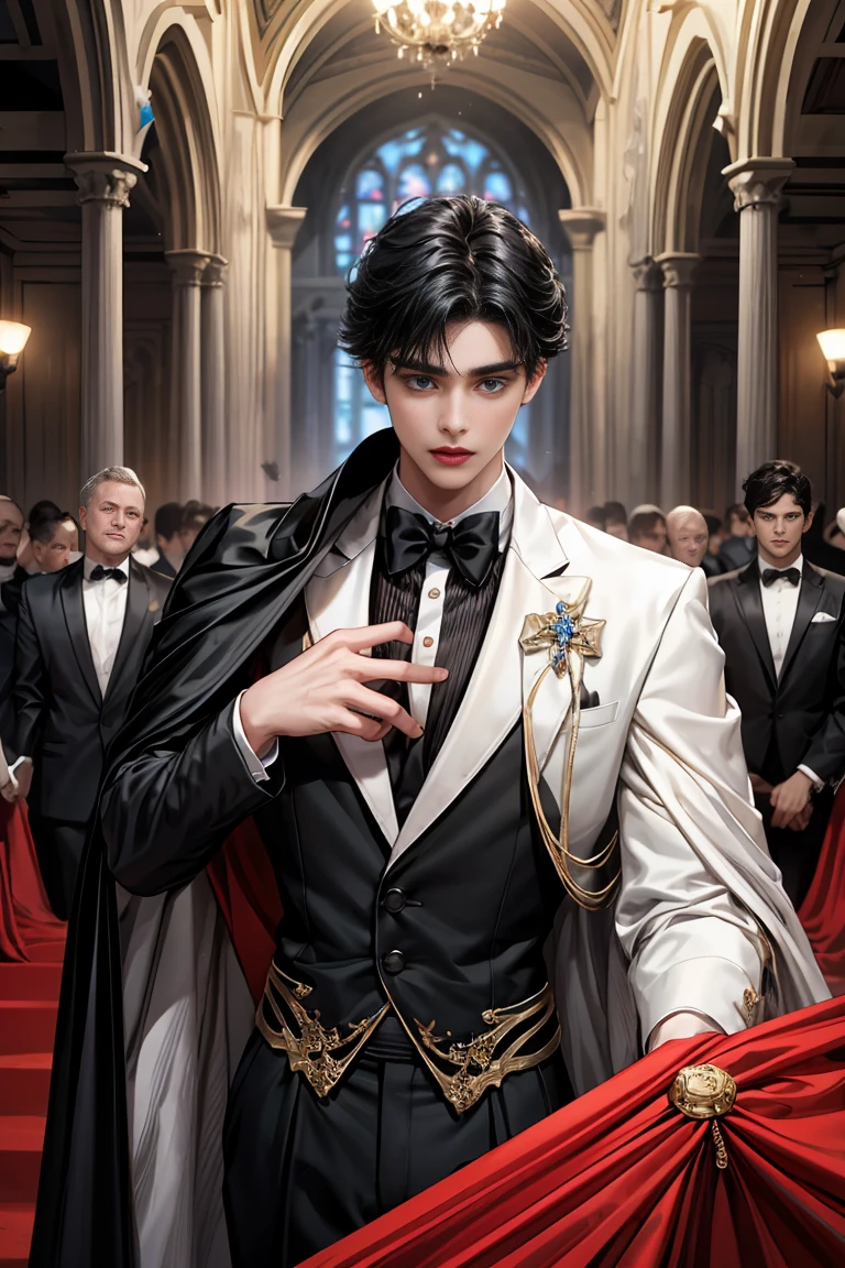 masterpiece, 最high quality, high quality, 1 boy, alone, Male focus, Watching the audience, Messy black hair, Adorable big blue eyes, White, Noble, Noble, Beautiful Vampire、Tuxedo、A very voluminous, large, very large, very large, long, long red and black cape with a high stand-up collar, made of a lot of fabric that reaches down to the floor., 17 years old,Cute beautiful boys,Cute, cute, kind, handsome guy