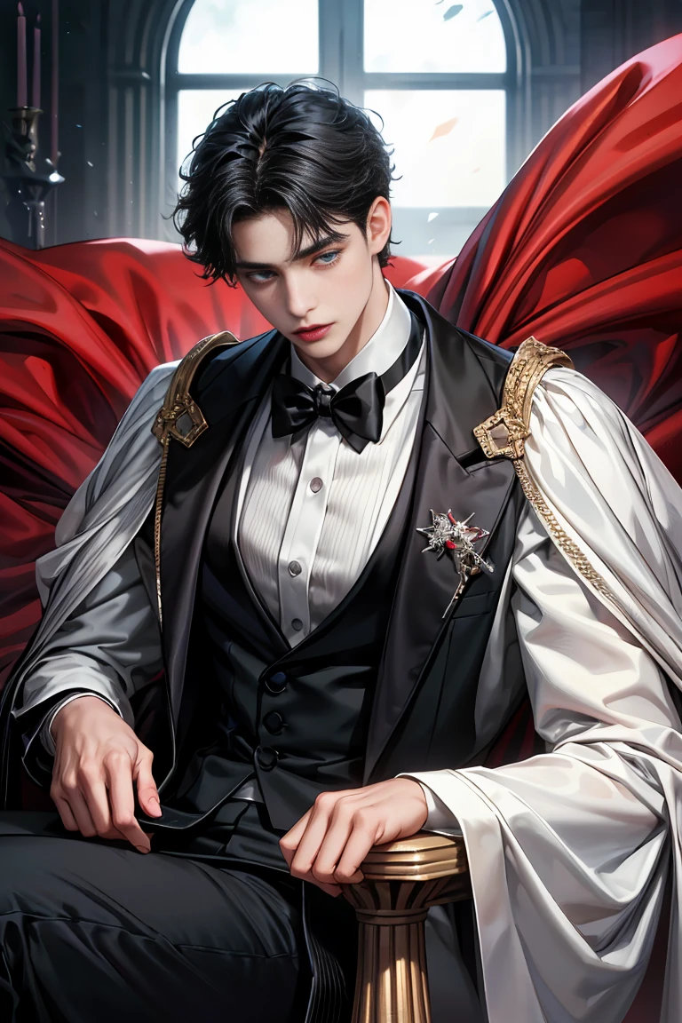 masterpiece, 最high quality, high quality, 1 boy, alone, Male focus, Watching the audience, Messy black hair, Adorable big blue eyes, White, Noble, Noble, Beautiful Vampire、Tuxedo、A very voluminous, large, very large, very large, long, long red and black cape with a high stand-up collar, made of a lot of fabric that reaches down to the floor., 17 years old,Cute beautiful boys,Cute, cute, kind, handsome guy