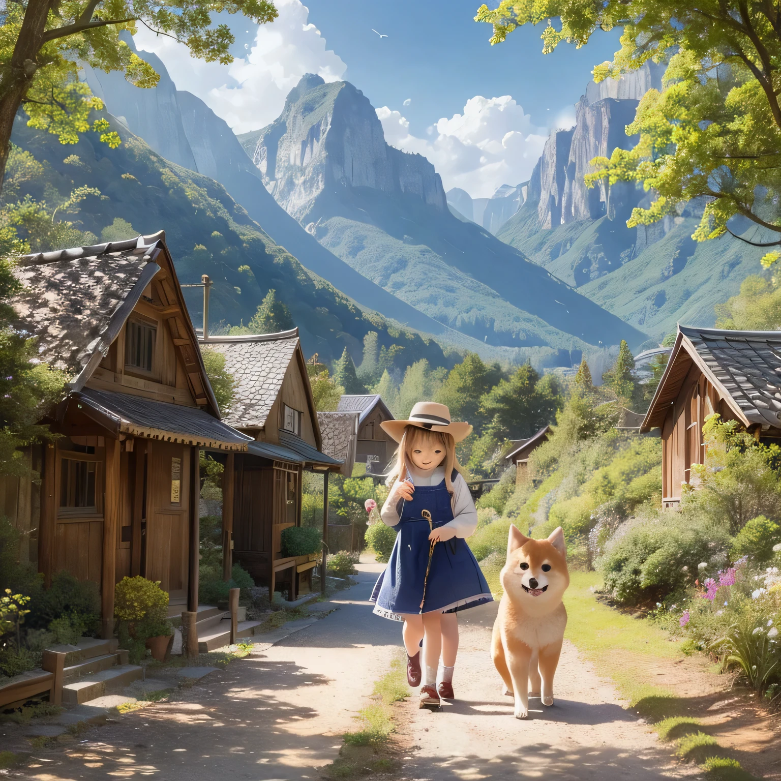 Beautiful fine details, Long eyelashes, Cute Button Nose, Rosy lips, Girl playing with Shiba Inu in a picturesque rural setting, Warm sunlight glows golden, A tall mountain々The winding road leading to, Towering Blue々Tree々, Serene atmosphere, A girl in a loose dress and a wide-brimmed hat , smile、With pure joy in his eyes, The Shiba Inu is wagging his tail and looking up at her excitedly, Build heartwarming bonds, A sense of adventure and exploration in the air, A mountain of magnificent beauty々, The peak touches the clouds, The sound of birds chirping and leaves rustling in the breeze, capturing the perfect moment, (highest quality, High resolution, Very detailed, Realistic)