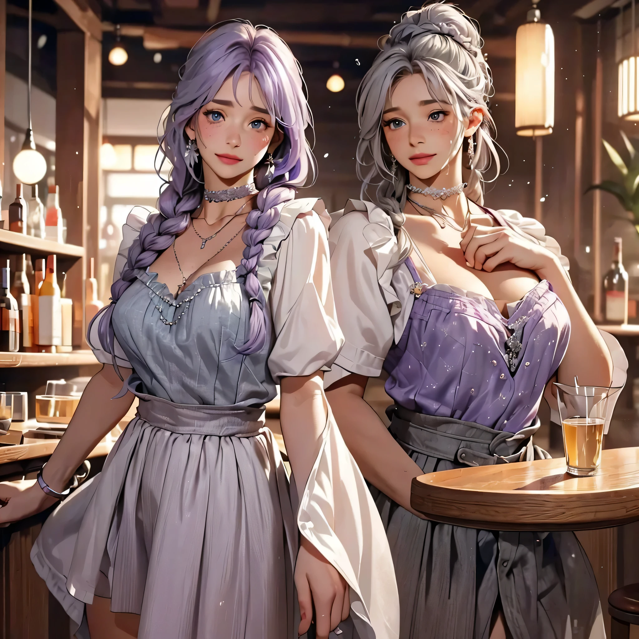 beautiful woman (long lavender colored hair with a single braid accent),(grey colored eyes),(youthful freckles over nose), (anime) in bar, (choker necklace), (mischievous troublemaker), (sh44r) ,(bar setting). (best quality, 4k, highres, masterpiece:1.2), (ultra-detailed), (realistic, photorealistic:1.37), (vivid colors), (portrait), (bokeh), (soft lighting) full body photo, gr3ysh33r, beautiful long silk skirt