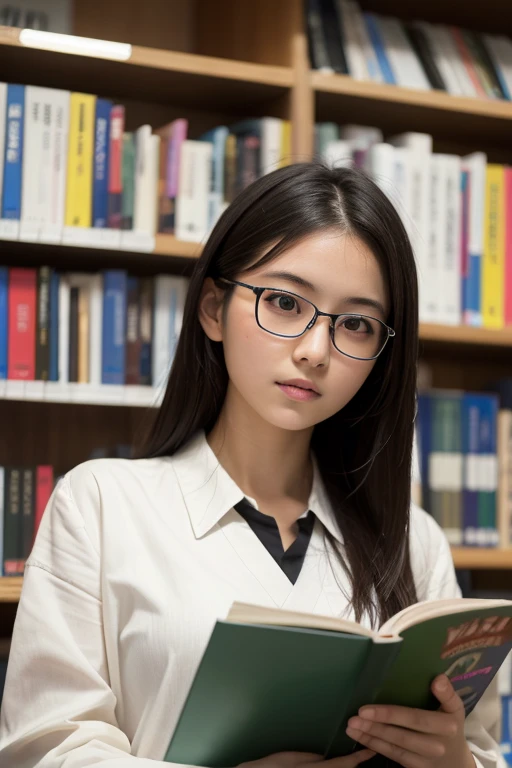 (8k, RAW Photos, Realistic: 1.25), Masterpiece, highest quality, Ultra HD, Very beautiful and neat Japanese woman, 15 years old, I always wear glasses, Beautiful black hair, Beautiful Skin, Beautiful Eyes, Very large breasts, Slender body, Realisticで詳細な日本の高校の制服, Realistic and detailed school library, Reading a book in the library, Random Pause
