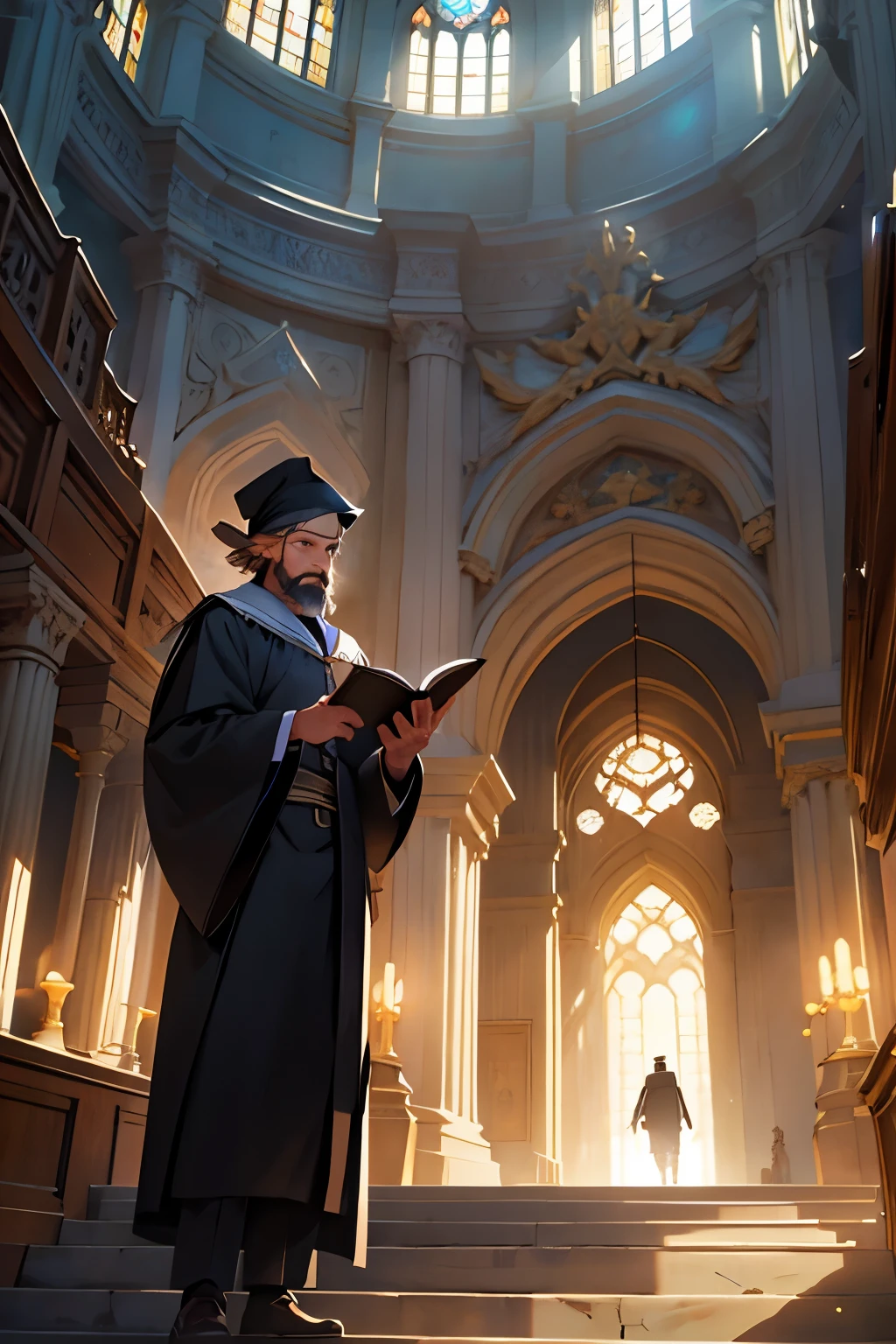 Intense focus on the elusive light guiding the way, as a determined male figure embarks on a journey to unravel the mysteries of the universe. His eyes, bright and sharp as diamonds, are filled with unwavering determination and an insatiable thirst for knowledge. With a creased brow and a bearded jawline, his countenance is that of a seasoned scholar, committed to the pursuit of wisdom. Clad in academic robes with a scholar's cap perched atop his head, his attire speaks of countless hours spent in the library, absorbing knowledge. The sunlight illuminates the empty spaces around him, casting long, dramatic shadows as he strides forward,