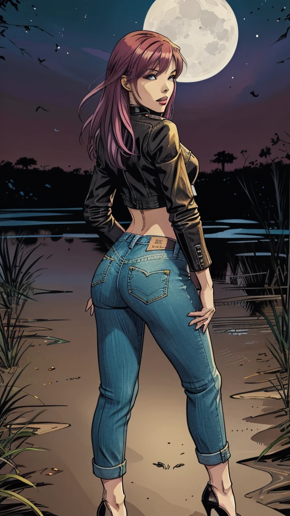 vector image, 2d cartoon,masterpiece, An anime woman,colored hair, tight jeans, heels, leather biker jacket, provocative pose, orgasm expression, provocative pose,near swamp, standing, crop-top,heels, from behind view, night, turn back
