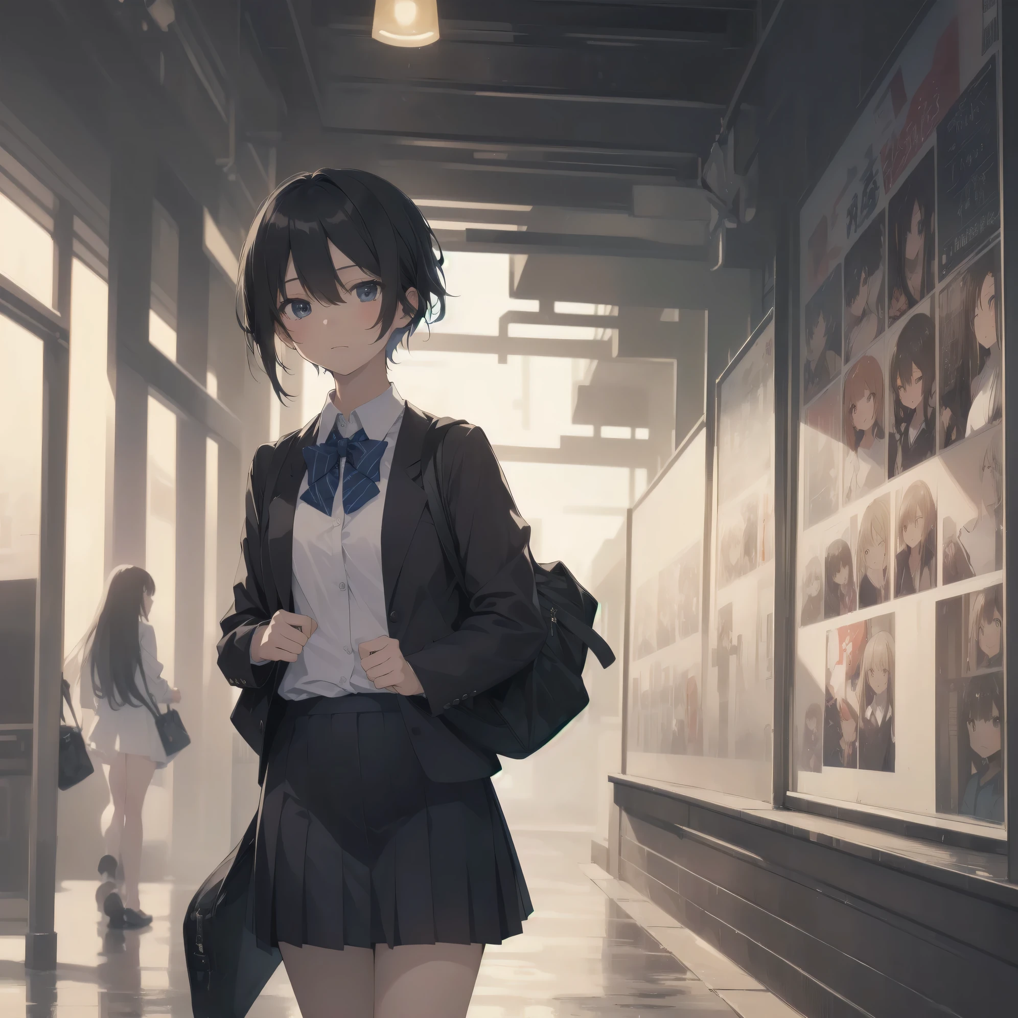 ultra-absurdres-Top quality by artist God, ultra-detailed, high resolution, anime moe artstyle, best anime 8k konachan wallpaper, pixiv contest winner, pool:2810, perfect anatomy,break, 1girl, (Please draw a girl walking sleepily to school alone. )break,(Solo,little female, 13-year-old:1.3),Full limbs, complete fingers,a junior high school student, (very short hair), short cut, flat chest, , small butt, small black eyes, beautiful detailed eyes, well-proportioned iris and pupils, expressive eyes, highres detailed hair, soft expression, school_uniform, bowtie, collared shirt. pleated skirt,(Detailed Lighting), (Detailed background), in the School commute route. break,super detailed skin, Best cinematic lighting powered by famous artist, 8k,beauty illustration,photoshop_(medium),very aesthetic,break,((artist:futa (nabezoko) )), artist:bolze ,artist:oyari ashito ,artist:kantoku ,