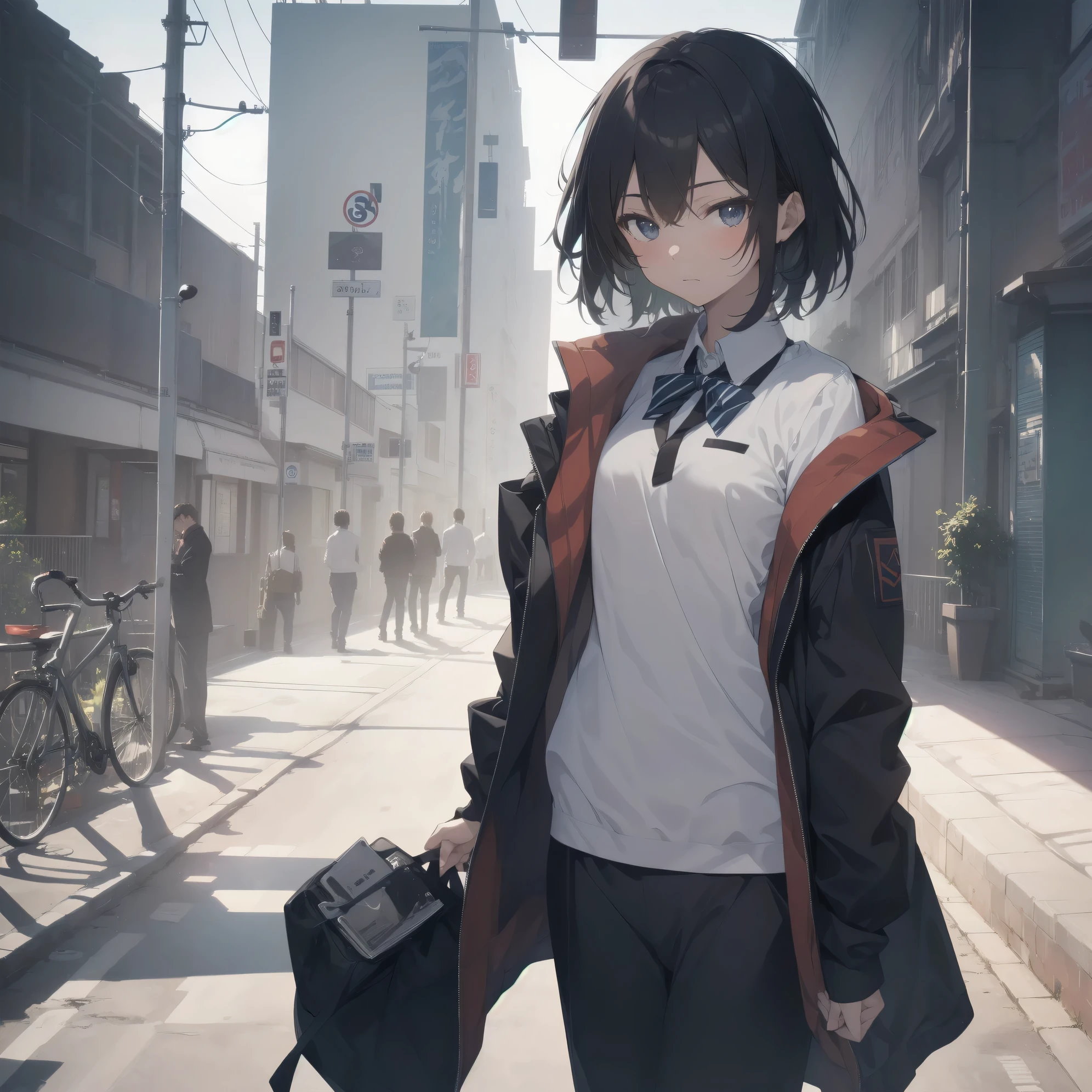 ultra-absurdres-Top quality by artist God, ultra-detailed, high resolution, anime moe artstyle, best anime 8k konachan wallpaper, pixiv contest winner, pool:2810, perfect anatomy,break, 1girl, (Please draw a girl walking sleepily to school alone. )break,(Solo,little female, 13-year-old:1.3),Full limbs, complete fingers,a junior high school student, (very short hair), short cut, flat chest, , small butt, small black eyes, beautiful detailed eyes, well-proportioned iris and pupils, expressive eyes, highres detailed hair, soft expression, school_uniform, bowtie, collared shirt. pleated skirt,(Detailed Lighting), (Detailed background), in the School commute route. break,super detailed skin, Best cinematic lighting powered by famous artist, 8k,beauty illustration,photoshop_(medium),very aesthetic,break,((artist:futa (nabezoko) )), artist:bolze ,artist:oyari ashito ,artist:kantoku ,