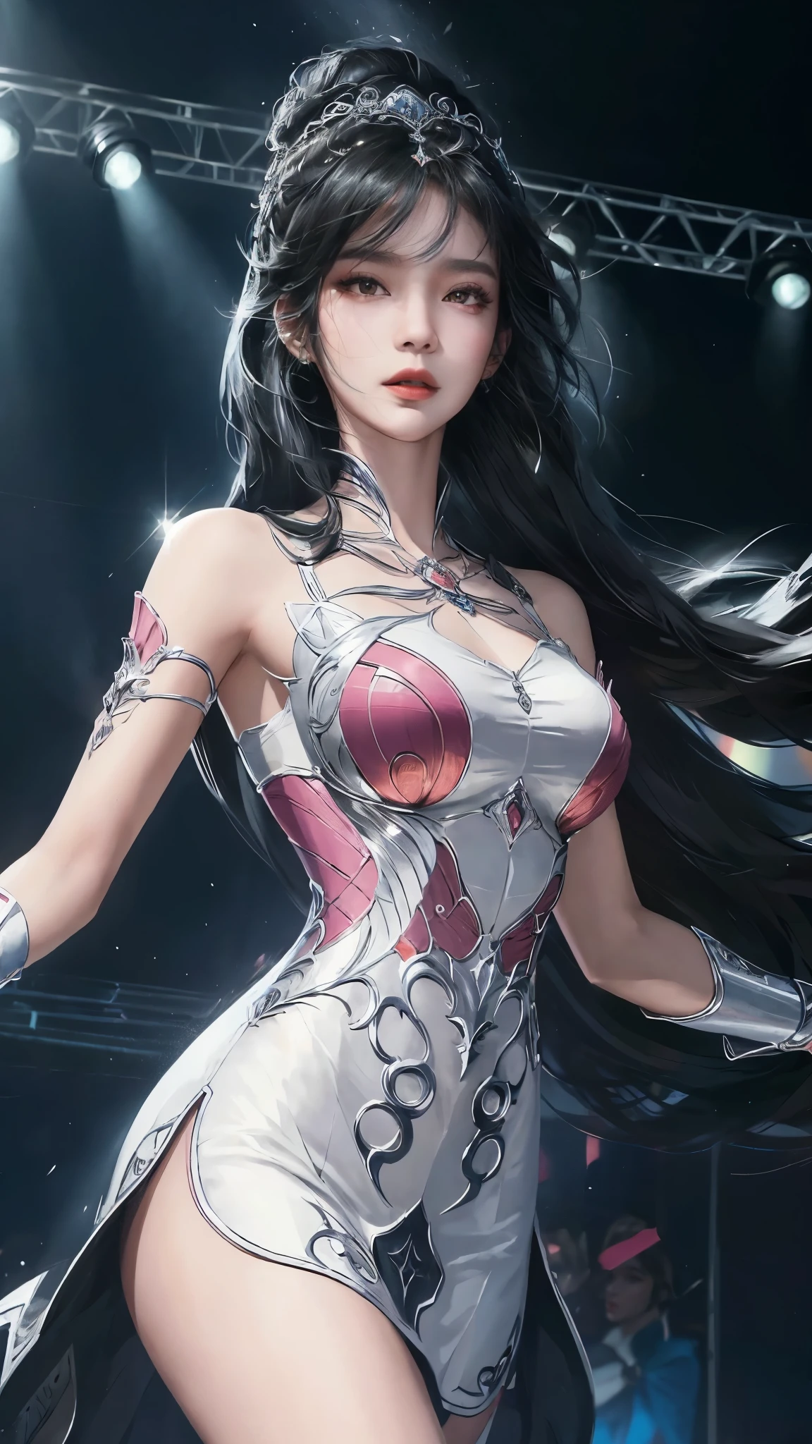 ((Best Quality: 1.1)), ((Masterpiece: 1.2)), (detailed and intricately designed), a perfect face with sharp features, a K-pop Idol, gracefully poised on the stage, long black hair cascading down her shoulders, a slim and toned figure clad in a sparkling and tightly fitted costume, large breasts accentuated by the fitted top, dynamically striking a pose with every muscle defined, her movements fluid and full of energy, bathed in the bright, dynamic spotlight that illuminated every curve and line, radiant beauty shining bright in the brilliant stage lights, captivating the hearts of the audience with each dynamic angle and expressive gesture. (