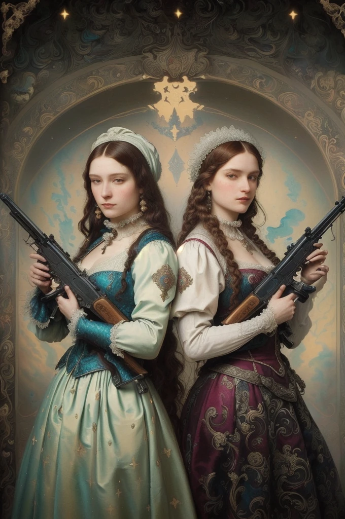 two women in Renaissance dresses hold guns in the room, in the high renaissance style, in a renaissance style, Darius Zawadski and Tom Bagshaw, beautiful sci-fi twins, photo by Alexey Gurilev, Maxim Sukharev, Emma Andievskaya, 🕹️ 😎 🔫 🤖 🚬, Alexander Kobzdey