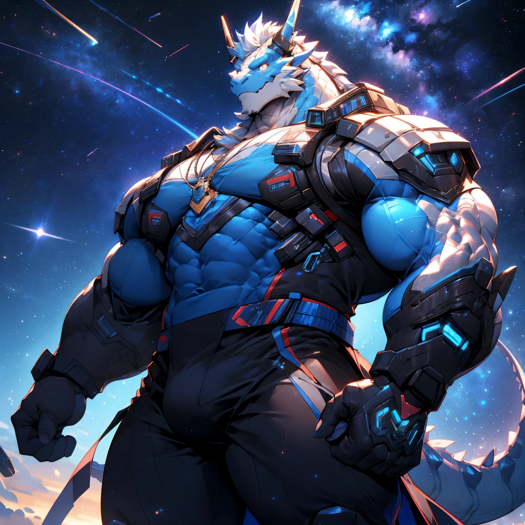 Muscular white dragon,Masculinity, Pectoralis major, Heavyweight, Bodybuilder figure, Wearing cyberpunk mechs, Dress, Crotch bulge, View of the Milky Way from a spacecraft, In the Universe, Bright smile emoticon, sparkling skin, Vibrant colors, 4K, realism, Cool lighting