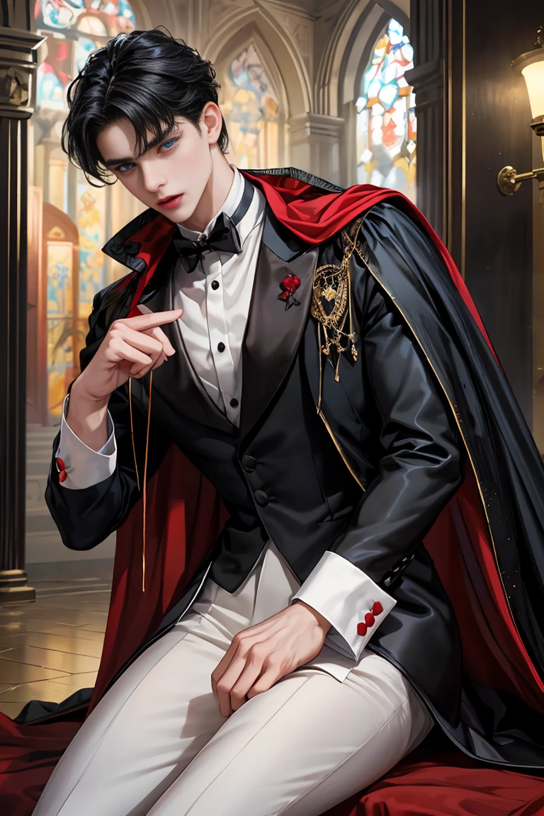 
masterpiece, 最high quality, high quality, 1 boy, alone, Male focus, Watching the audience,  Messy black hair, Adorable big blue eyes, White, Noble, Noble, Beautiful Vampire、Tuxedo、A very voluminous, large, very large, very large, long, long red and black cape with a high stand-up collar, made of a lot of fabric that reaches down to the floor., 17 years old,Cute beautiful boys,Cute, cute, kind, handsome guy
