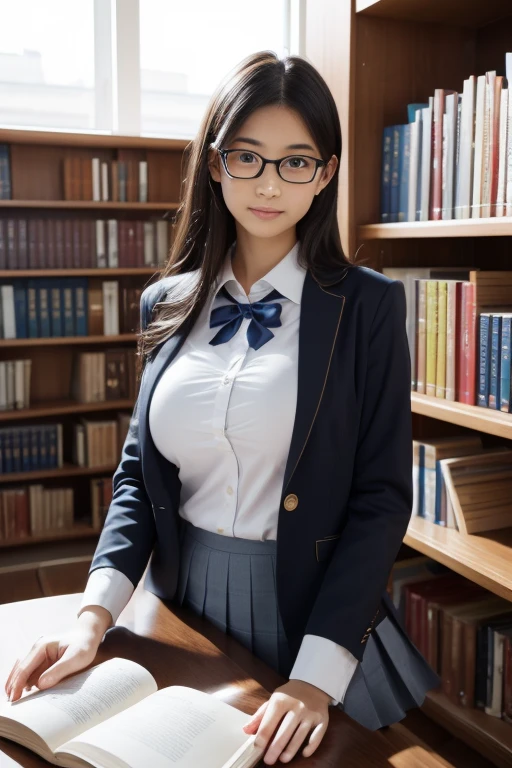 (8k, RAW Photos, Realistic: 1.25), Masterpiece, highest quality, Ultra HD, Very beautiful and neat Japanese woman, , I always wear glasses, Beautiful black hair, Beautiful Skin, Beautiful Eyes, Very large breasts, Slender body, Realisticで詳細な日本の高校の制服, Realistic and detailed school library, Reading a book in the library, Random Pause