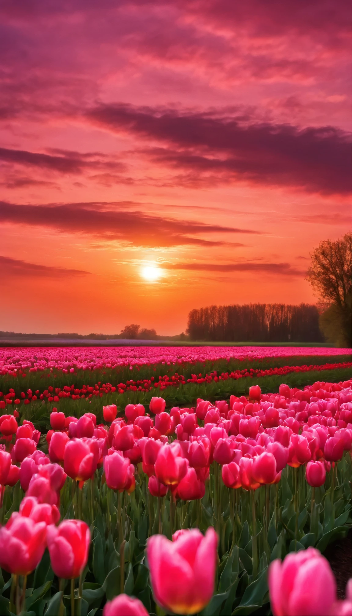Pink sky, purple clouds in the distance, pink tulip fields under a wide field of flowers, sunset glow, real photography, high definition details, super clear, taken by Sony camera,,in --ar 43:67