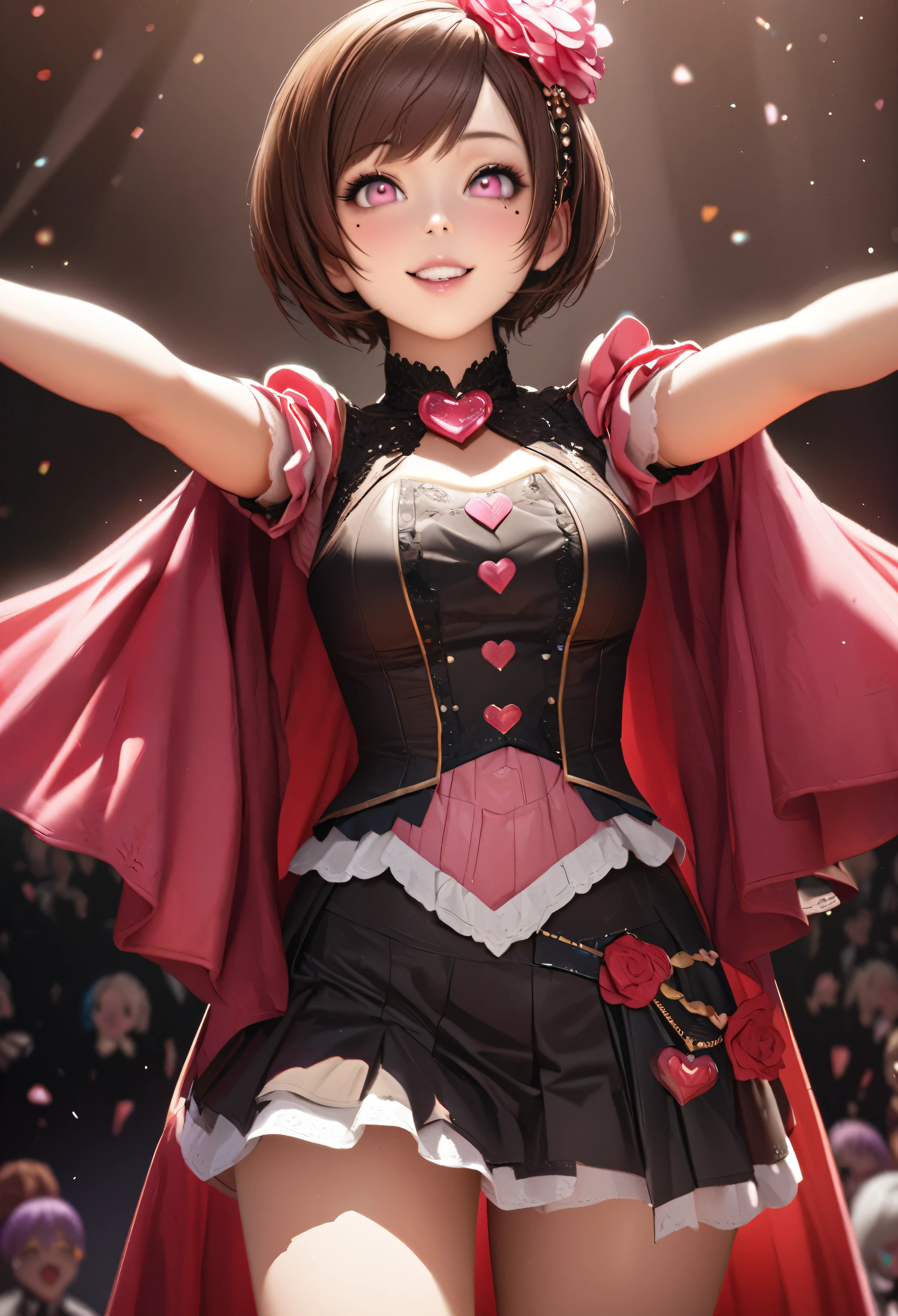 One Girl、Looking at the audience、
Beautiful pink eyes、Brown short hair,Mole under the eye、Plump and glossy lips、Heart-shaped choca、Idol、Her name is Rico,smile、ー、。.。.。.。.。.。.。.。.。.。.。.。.。.。.。.。.。.。.3D、Realistic、
Idol衣装、Short skirt,Drape clothes、gem、Floral、Lace trim,On a glittering stage、
masterpiece、highest quality、8k、Detailed skin texture、Detailed cloth texture、Beautifully detailed face、Intricate details、Very detailed、
超A high resolution、8k Ultra HD、Film Grain、Best Shadow、delicate、Gazing at the audience、front
