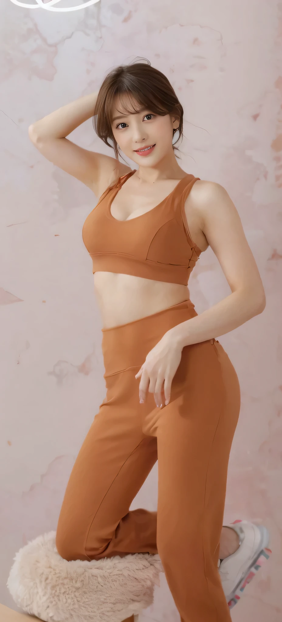 (on the table, best quality, Realistically, Super detailed, meticulous, high resolution, 8k wallpaper), Close-up portrait of a beautiful woman, like, Smile, Light brown messy hair, Perfect dynamic composition, Beautiful and meticulous eyes, Just like the cover of a fashion magazine, On Campus