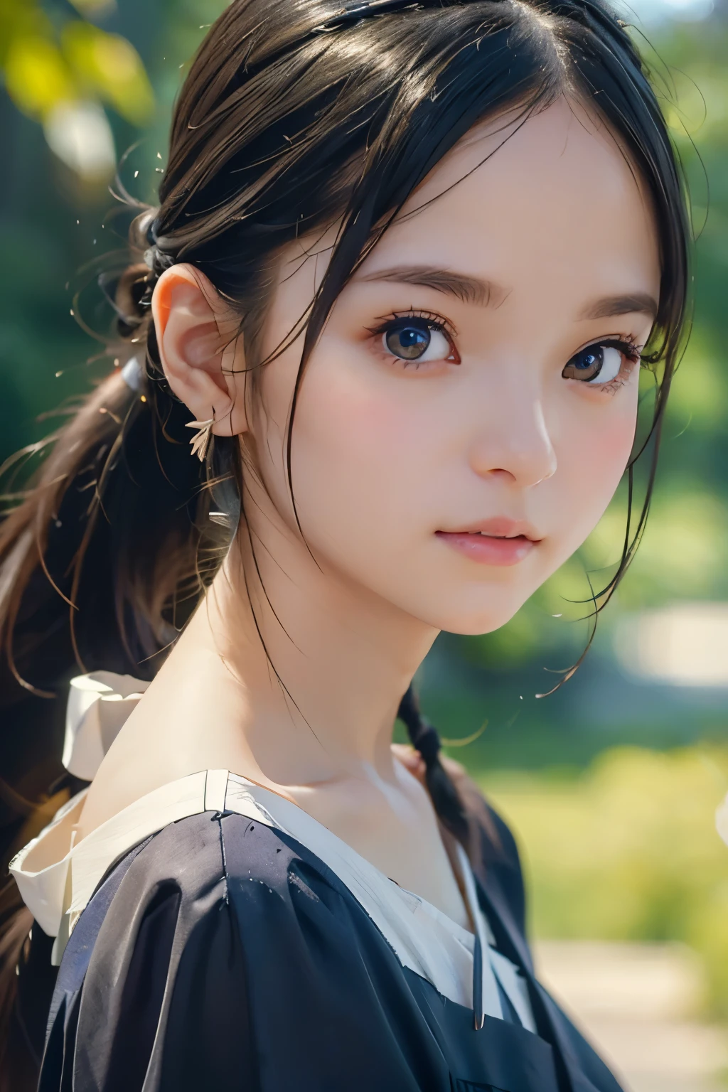 ,Long ponytail hairstyles、Image from chest up:1.6)、Close-up portrait of a woman wearing a white off-the-shoulder top dress and earrings, Soft Portrait Shot 8K, Nice delicate face, High-quality 4K portraits, High-quality portraits, Soft and perfect white skin, 8K highly detailed face, なBeautiful feces繊細な顔, Beautiful feces光の大きな目, Beautiful and realistic face, Beautiful feces141 year old female, Beautiful and realistic face, cute141 year old female