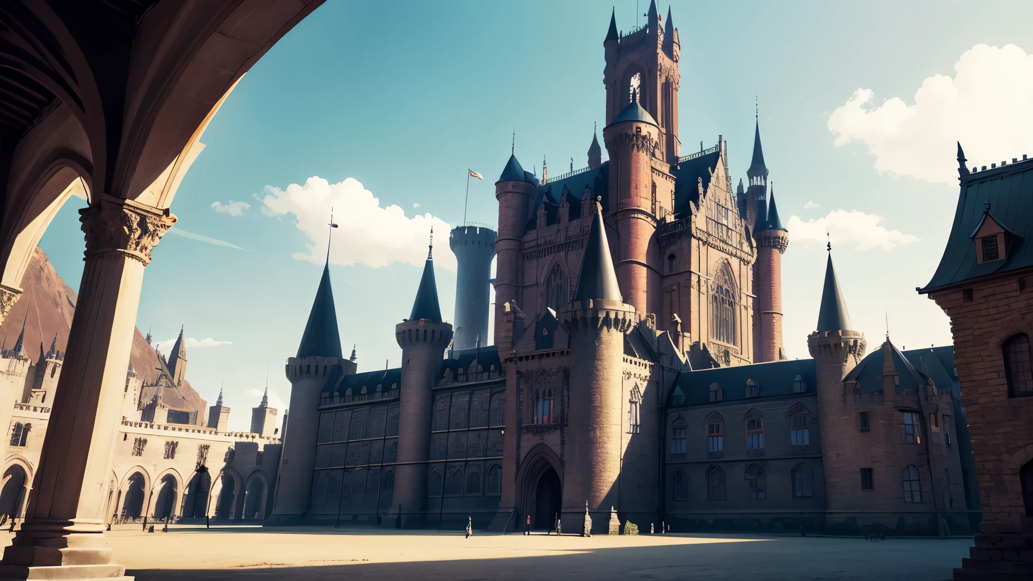 （Large open square，There is a big castle behind，Demon style，Gothic architecture），Different World Square，Retro
