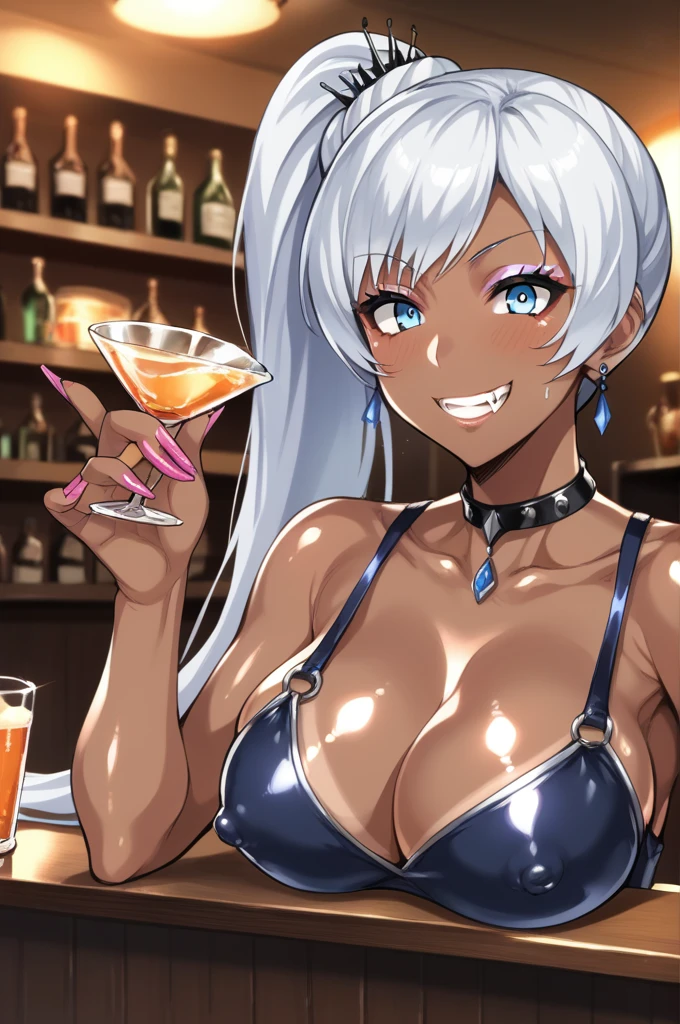 Score_9, score_8_up, score_7_up, score_6_up, score_5_up, score_4_up, source_anime, solo, 1girl, mature female, weiss schnee, dark skin, dark-skinned female, makeup, eyeshadow, Gyaru, tanned skin, shiny skin, metallic tan, colored skin, jet-black skin, saliva, grin, fang, glowing eyes, BREAK light blush, drinking glass, bar, dim lighting,