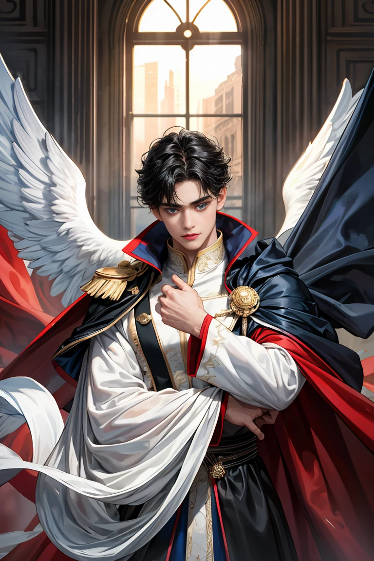 masterpiece, 最high quality, high quality, 1 boy, alone, Male focus, Watching the audience, Messy black hair, Adorable big blue eyes, White, Noble, Noble, Beautiful angel、A very big, very big, very big, very long, long red and black cape made with a lot of fabric that reaches all the way down to the floor, 17 years old,Cute beautiful boys,Cute, cute, kind, handsome guy