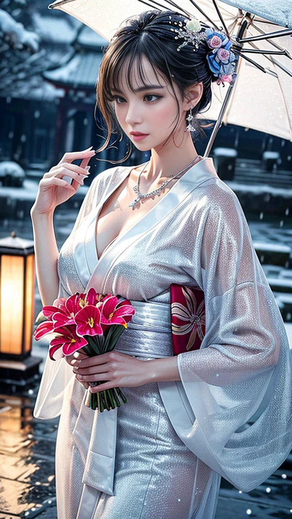 (Realistic:1.3, 16k, highest quality, masterpiece, Ultra-high resolution), ((snow, From below)), Perfect dynamic composition:1.2, (Shrine at night in a modern city, Expressions of sadness:0.9, Low angle shooting:0.9), Highly detailed skin and facial textures:1.2, Young woman getting wet in the rain, Fair skin, Sexy beauty, Incredibly slim body, beautifully、beautiful, Very beautiful face, Water droplets on the skin, (The rain drips down on my body, Wet body, Wet Hair), (Professional kimono dressing:1.0, Holding a bouquet of wet lilies, Wearing a wet silver kimono), (Shapely breasts, Chest gap), (Big eyes that exude beautiful eroticism:0.7, Lips that exude beautiful eroticism:0.7), necklace, Earrings, bracelet, wedding ring, Highly detailed and accurate hand and finger representation