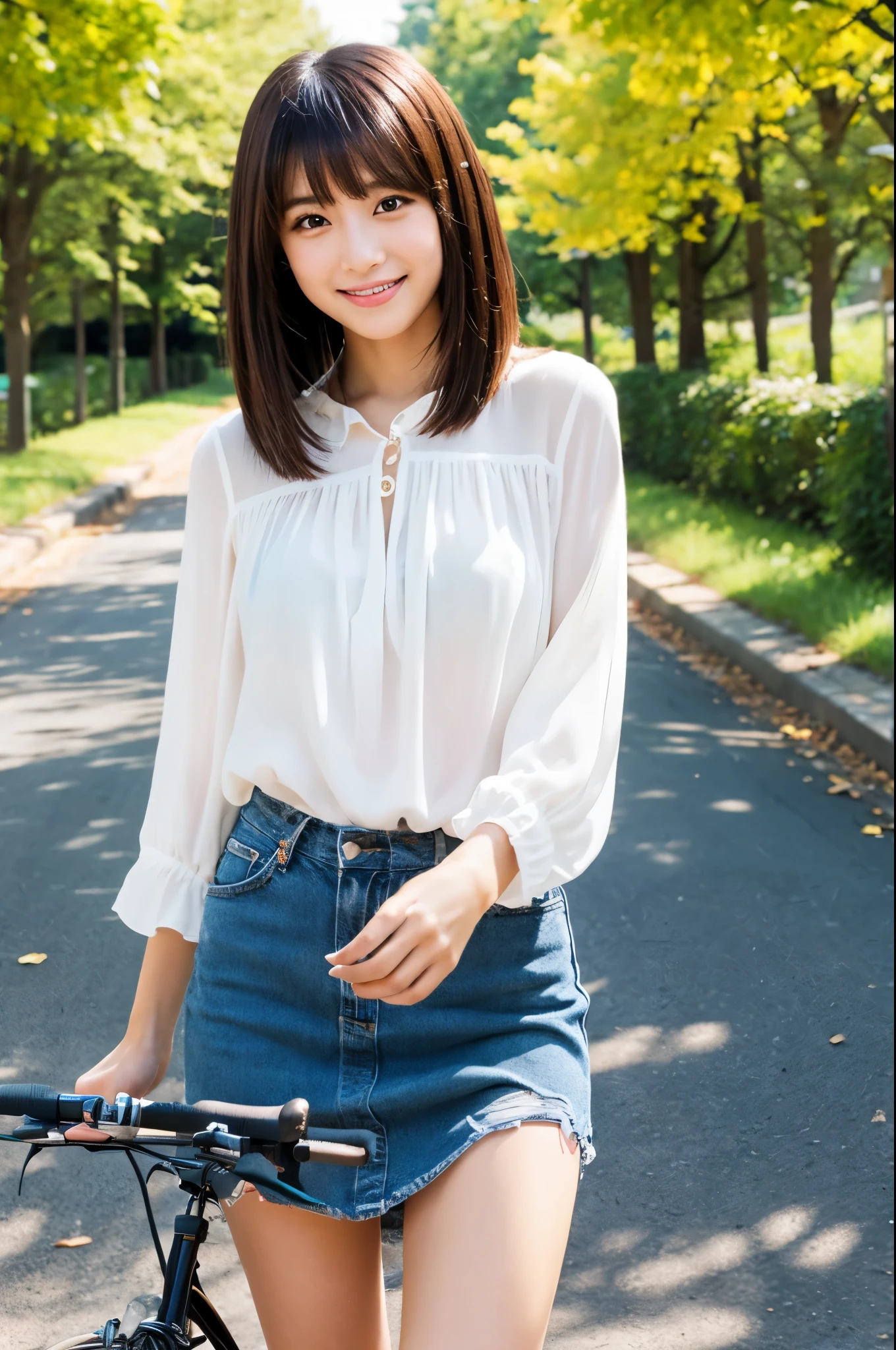 8k、highest quality、masterpiece、超A high resolution、photograph、The elegance of beautiful Japanese women、Single-lens reflex camera、There are some good ones too、A transparent atmosphere、sexy lip、slanted bangs、beautiful face、bob cut hair、make bangs、smile、natural soft light、22 year old girl wearing a white blouse、wear a miniskirt、country road、riding a bicycle