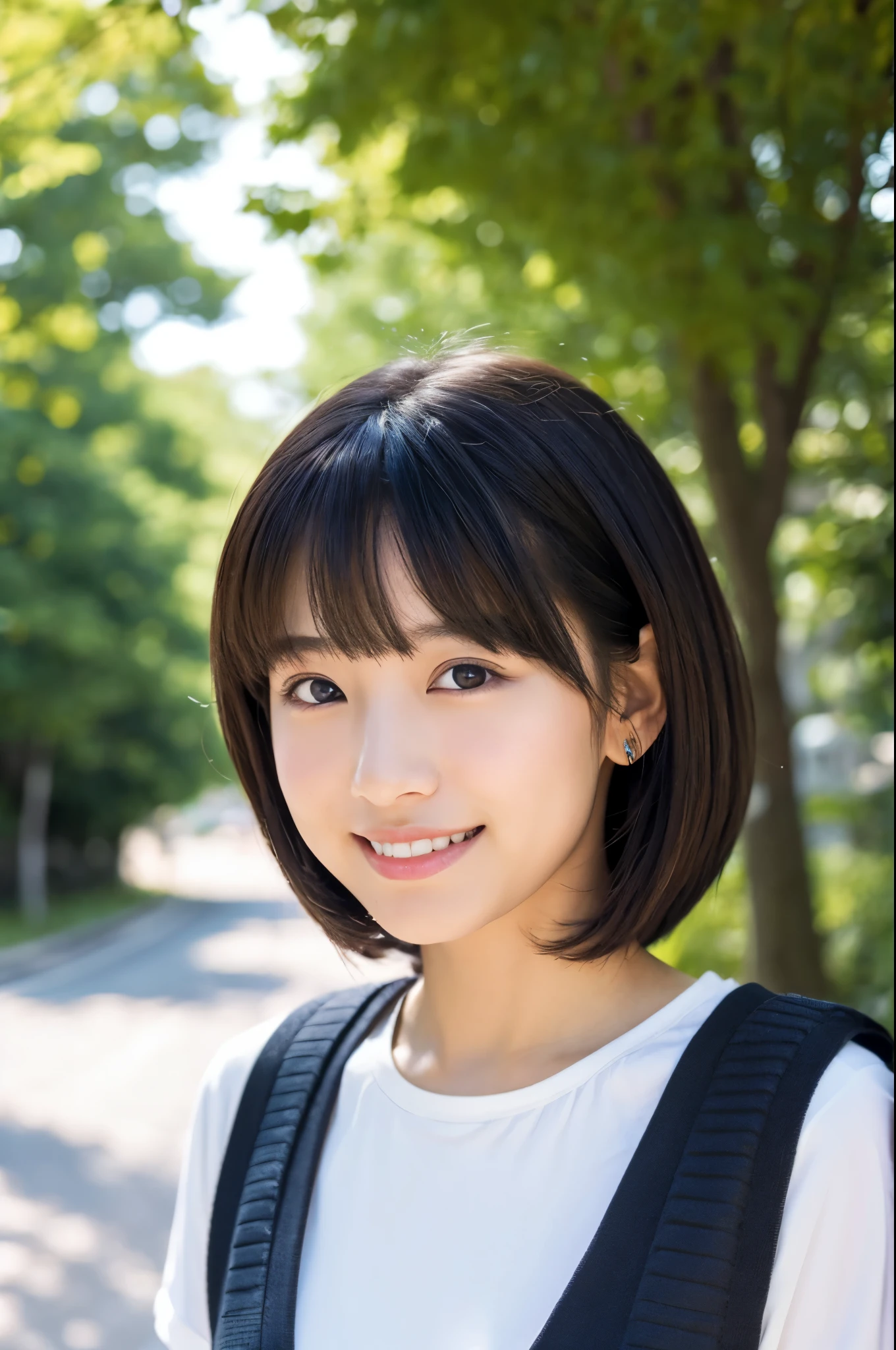 8k、highest quality、masterpiece、超A high resolution、photograph、The elegance of beautiful Japanese women、Single-lens reflex camera、There are some good ones too、A transparent atmosphere、sexy lip、slanted bangs、beautiful face、bob cut hair、make bangs、smile、natural soft light、22 year old girl wearing a white blouse、wear a miniskirt、country road、riding a bicycle