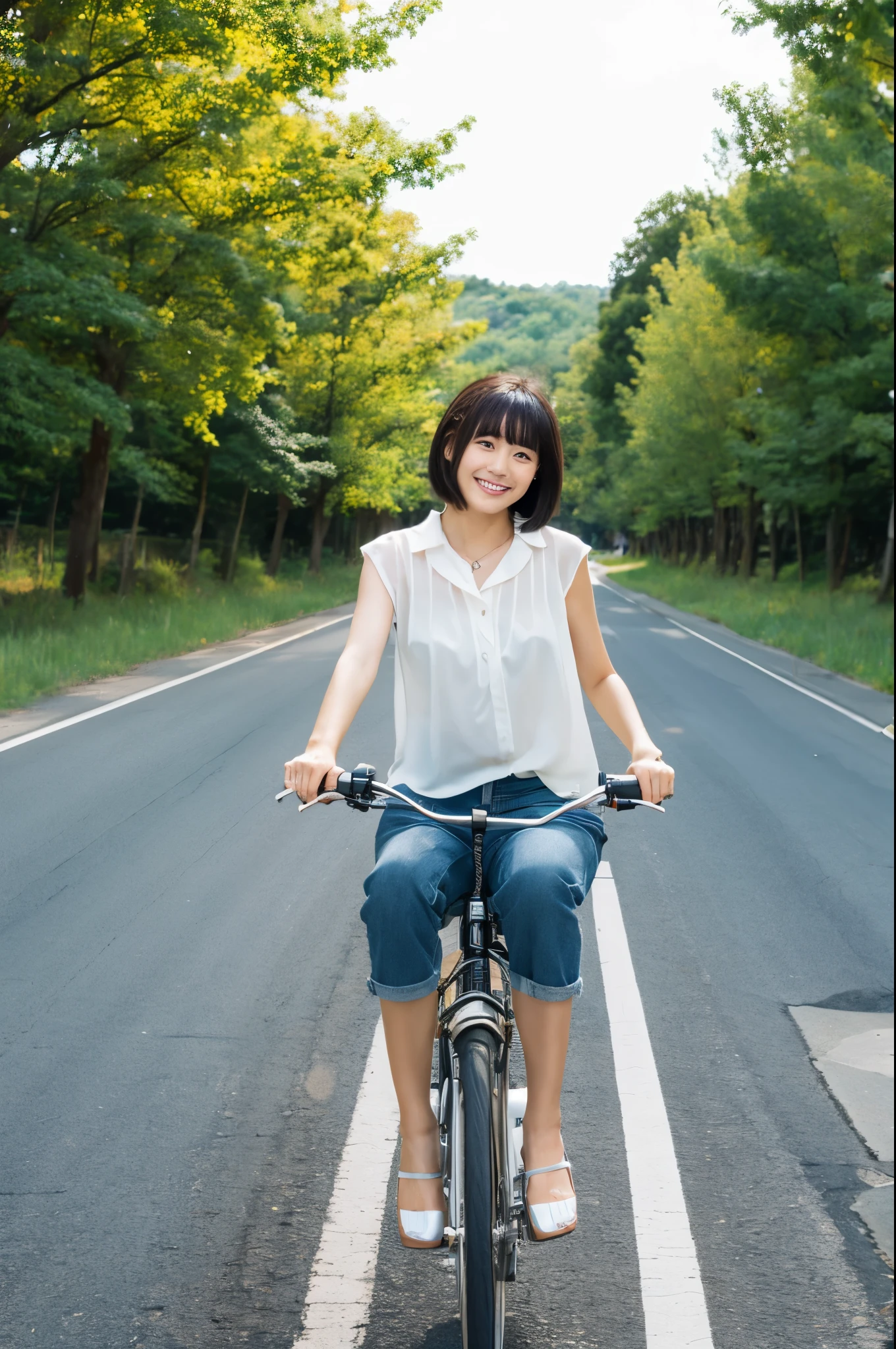 8k、highest quality、masterpiece、超A high resolution、photograph、The elegance of beautiful Japanese women、Single-lens reflex camera、There are some good ones too、A transparent atmosphere、sexy lip、slanted bangs、beautiful face、bob cut hair、make bangs、smile、natural soft light、22 year old girl wearing a white blouse、wear a miniskirt、country road、riding a bicycle