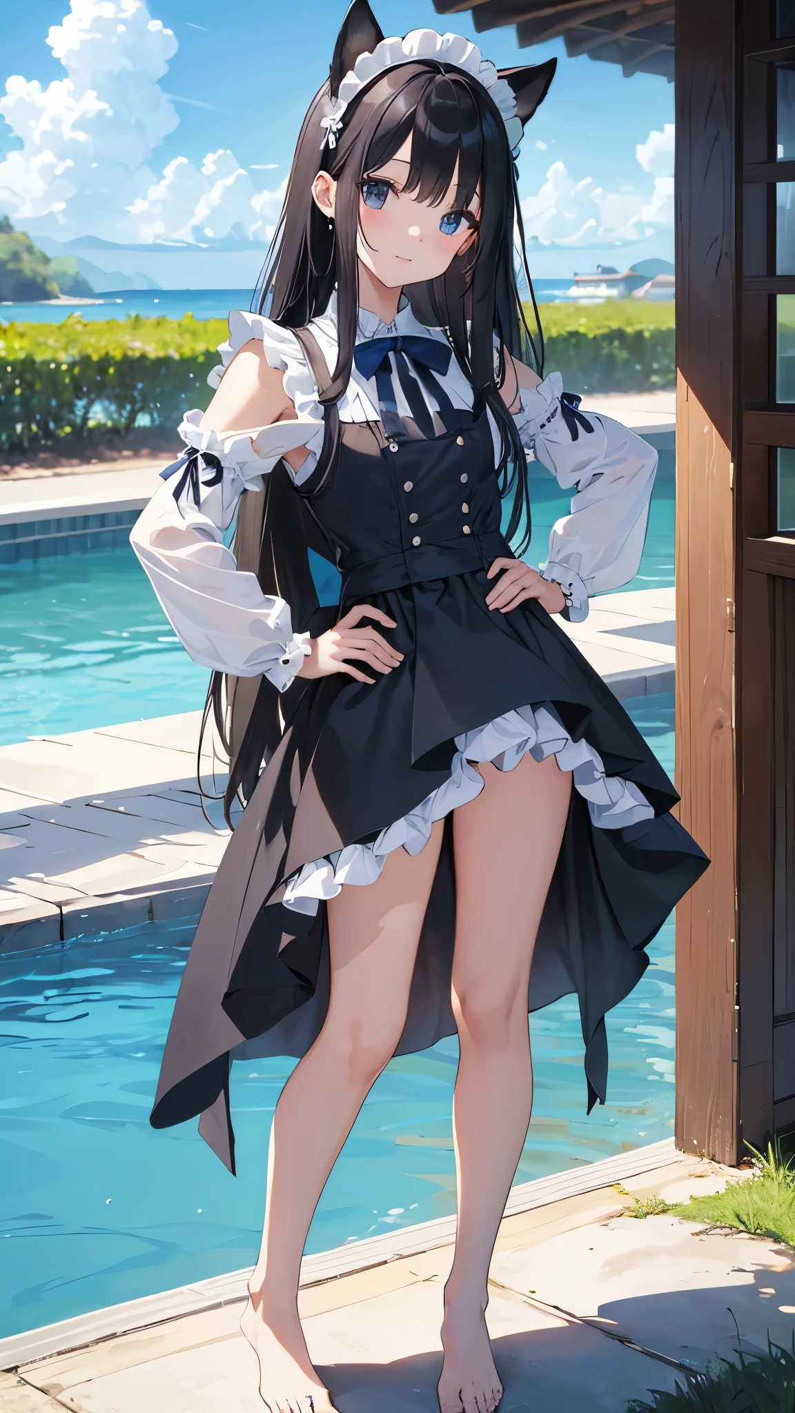 ((masterpiece、4K、8k、highest quality: 1.Perfect Fingers: 1.Perfect Anatomy: 1.3、Background Blur))、((Ultra-precise expression))、((White frills、An exceptional black maid))、((14 years old、thin、Small face、Dog Ears、Super beautiful girl、Straight Long Hair))、Beautiful Eyes：1.1、smile、barefoot、（Posing with hands on hips）、blue sky、mansion by the sea、Poolside、White sand beach、Grass、
