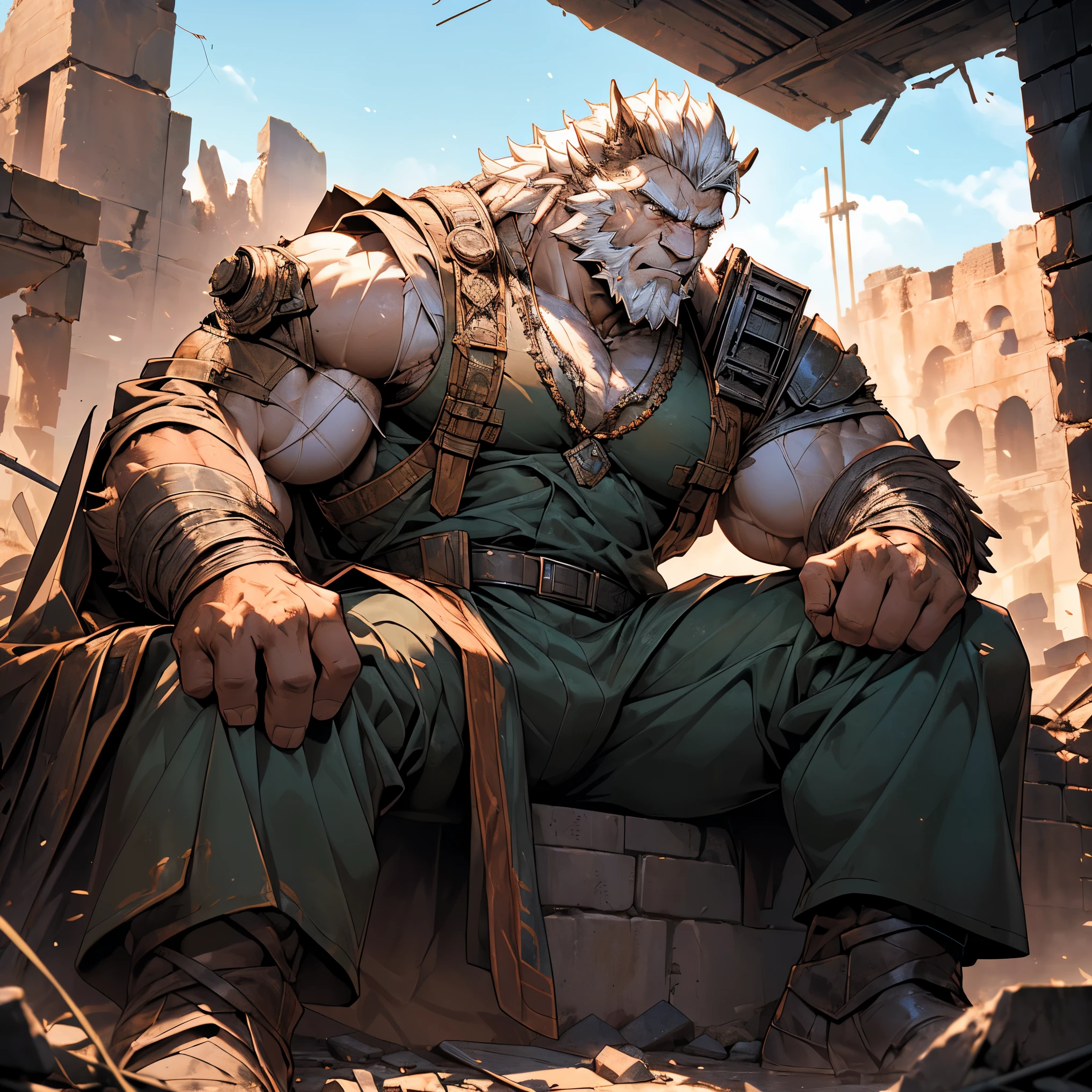 Muscular white dragon, Pectoralis major, Heavyweight, Bodybuilder figure, military uniform, Crotch bulge, Sitting on the ruins，In the ruins of the battlefield, sparkling skin, Vibrant colors, 4K, realism, shining lights, Huge muscles, Magnificent,  Detailed face, Thin muscle, (See the whole body), ((1 person)), (Purpose (great muscular soldier elder sitting resting in the ruins of the building)), The elder is a soldier and wears a soldier's uniform, elder (beard, Beads, barba blanca,,  White hair, Strong character, Strong muscles), (background story ((Abandoned Land, post-apocalyptic, City ruins))), (photography (Telephoto 50mm, Cinematic, cinematic colour))