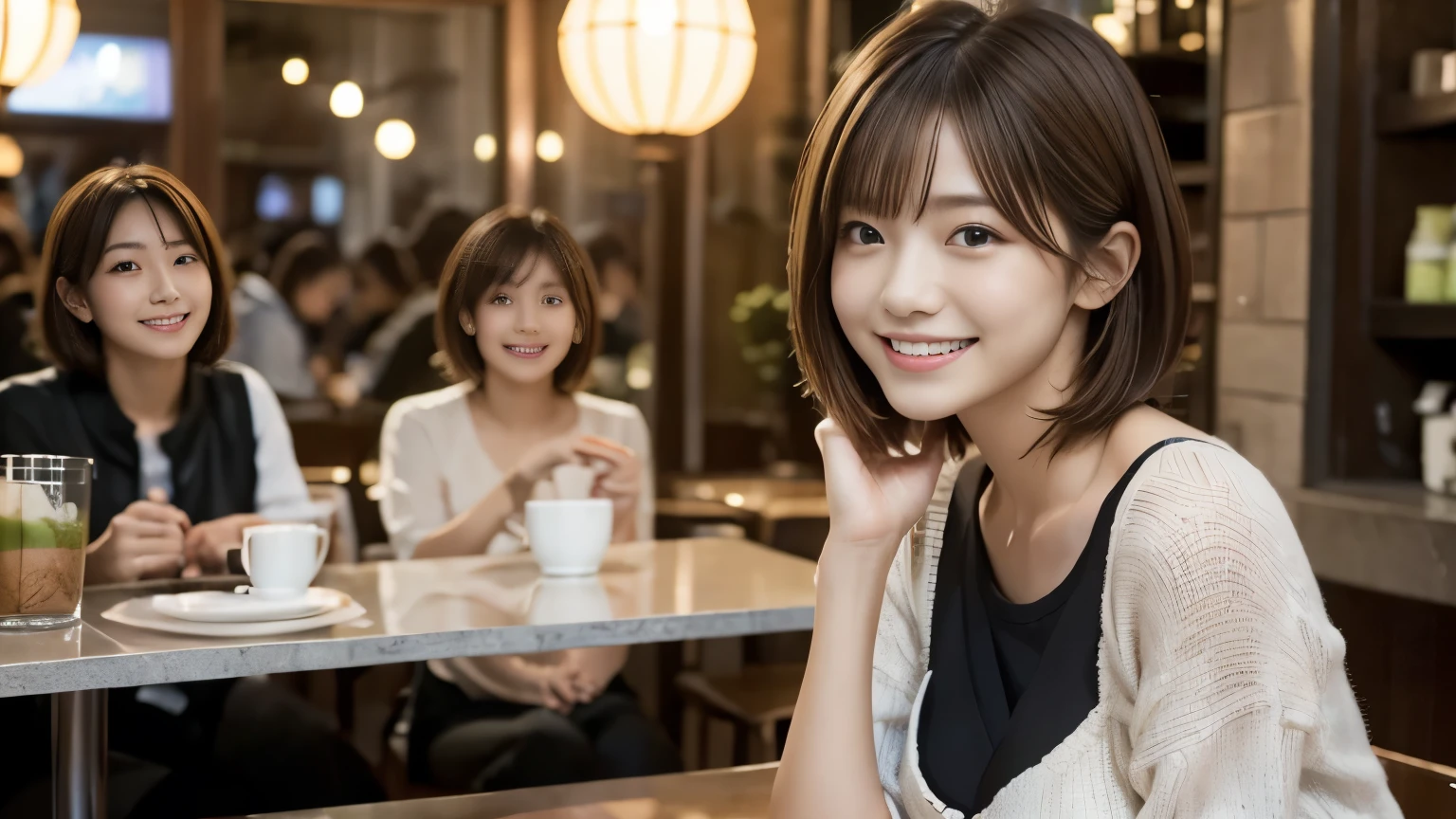 super high quality, Short Hair, Slender, Gravure photoshoot, The staff is working at the counter in the back., (8k、RAW Photos、highest quality、masterpiece:1.2), Japanese Idol, Shaggy, The cafe is crowded with people enjoying themselves., (Realistic、Photorealistic:1.37), Mesh Hair, Urban Cafe, Golden Ratio, Raw photo, Cute face , Light Brown Hair, Small breasts, Blurred Background, Spring Clothes, Well-designed furniture, Beautiful hairstyle, Spoiled, Cafe Terrace, Open Cafe, 20-year-old, A kind smile, Hair blowing in the wind, Neat clothes, 

