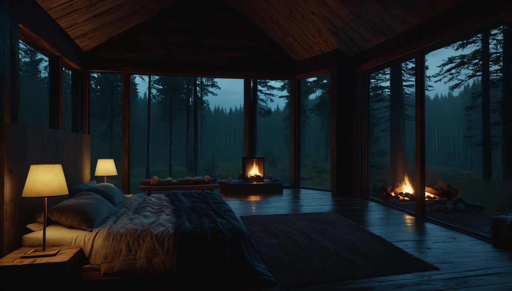 dimly lit bedroom with fireplace and wood burning bed, large windows to the forest at night, beautiful and cinematic lighting, cozy place, cryengine render 8 k, cabin in the forest, minimalist pyramid room shape, pyramid glass, very forest background dark, lots of column windows, dark, pillows and blankets, large windows, minimalist windows, lots of boxes, minimalist windows facing the forest, quiet night. the picture is original, rainy night. original rendering, stunning, rainy night, gloomy, dark gloomy cinematic lighting, atmosphere, landscape, vast forest, moody, dramatic lighting. cinematic, cinematic, atmospheric shots, gloomy weather. hyperrealistic, atmospheric rendering, rainy night, huge gloomy forest, cinematic,