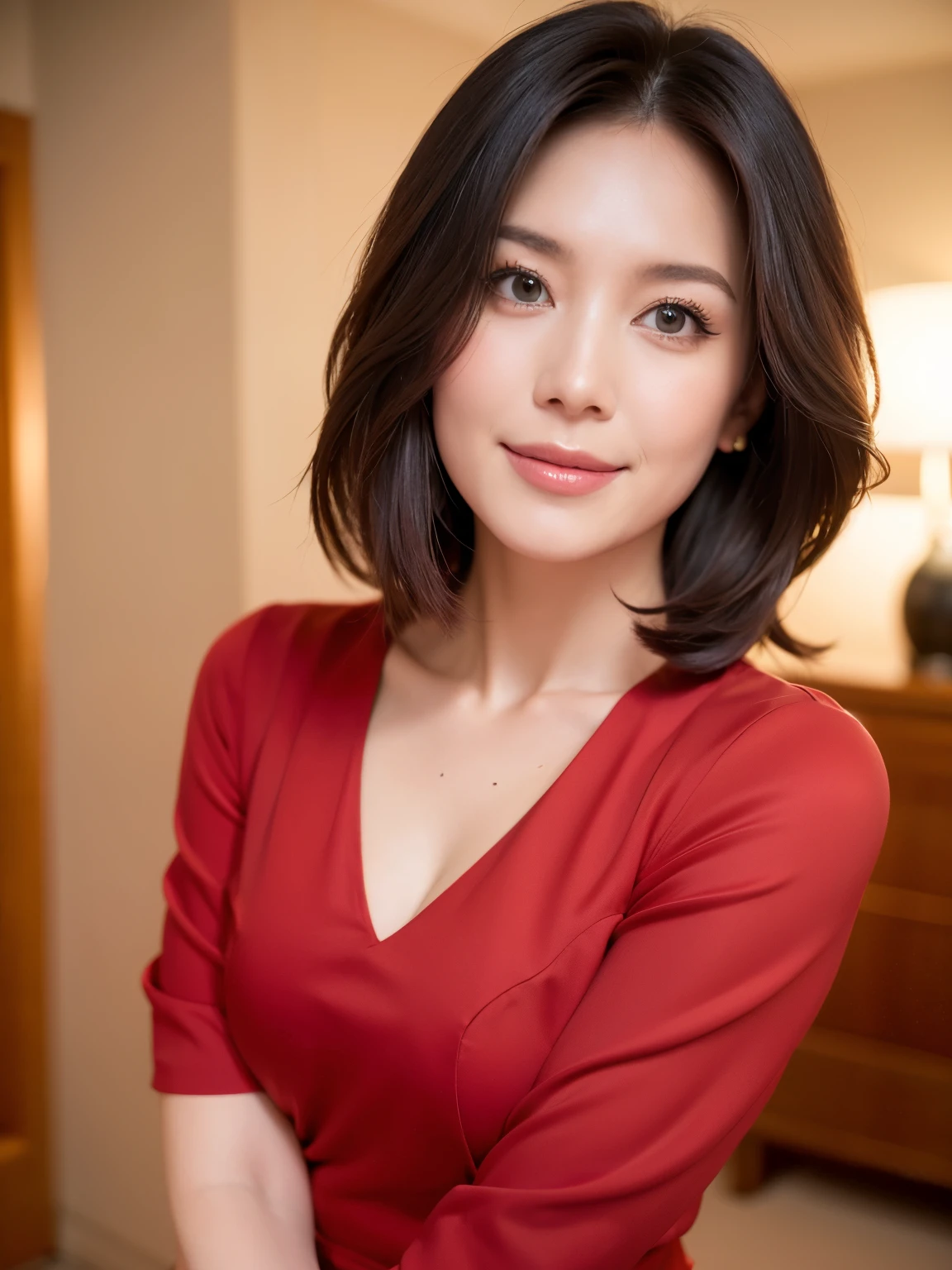 最high quality, 8k, Masseter muscle area, Vibrant, Sharp focus, high quality, High resolution, alone, Middle-aged women, Beautiful woman, Age 35, Whole Body Ezbian, Wearing high heels, Highly detailed face, Highly detailed eyes, Thick lips, ((Looking at the audience)), Standard body type, Short black hair, Clothing with a small opening in the chest area、(Red blouse:1.2)、(smile:1.4)
