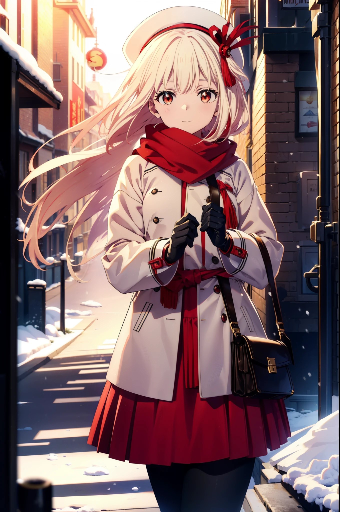 chisatonishikigi, nishikigi chisato,Long Hair , bangs, blonde, (Red eyes:1.5),happy smile, smile, Open your mouth,Knthatted hat,Yellow coat,Whthate scarf,Whthate sweater,He has fluffy gloves on both hands...,Long skirt,Black Pantyhose,short boots,Shirogane World,Snow is piling up,that&#39;it&#39;s snowing,that&#39;it&#39;s snowing,winter,Cold Sky,moonlight,full moon,night,
break looking at viewer, whole body, Upper Body,(Cowboy Shot:1. 5)
break outdoors, cthaty,Building Street,
break (masterpiece:1.2), highest qualthaty, High resolution, unthaty 8k wallpaper, (shape:0.8), (Beautiful and beautiful eyes:1.6), Highly detailed face, Perfect lighting, Extremely detailed CG, (Perfect hands, Perfect Anatomy),