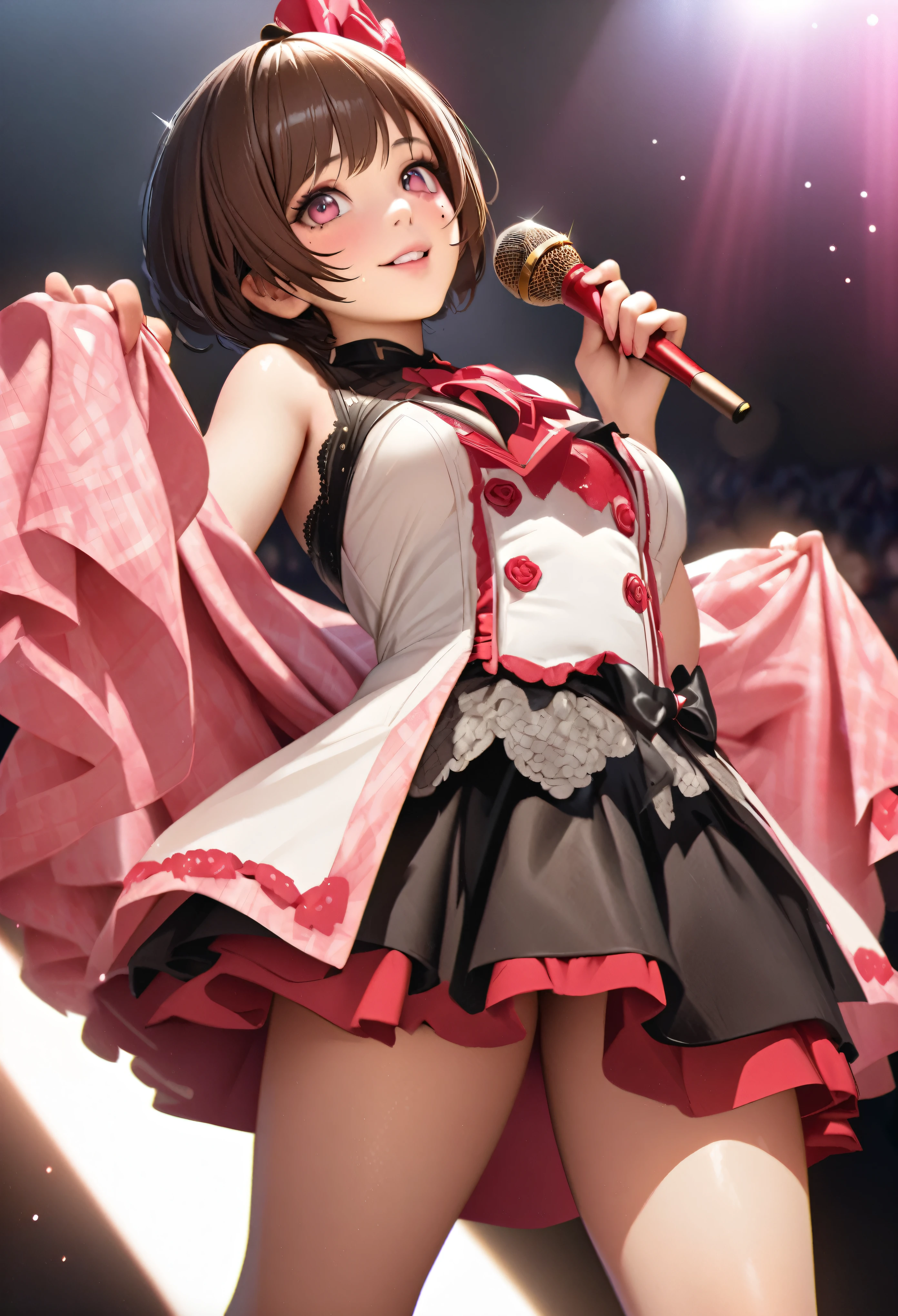 One Girl、Looking at the audience、
Beautiful pink eyes、Brown short hair,Mole under the eye、Plump and glossy lips、Heart-shaped choca、Idol、Her name is Rico,smile、ー、。.。.。.。.。.。.。.。.。.。.。.。.。.。.。.。.。.。.3D、Realistic、
IDOL costumes、Short skirt,Drape clothes、gem、Floral、Lace trim,On a glittering stage、
masterpiece、highest quality、8k、Detailed skin texture、Detailed cloth texture、Beautifully detailed face、Intricate details、Very detailed、
超A high resolution、8k Ultra HD、Film Grain、Best Shadow、delicate、Gazing at the audience、front
