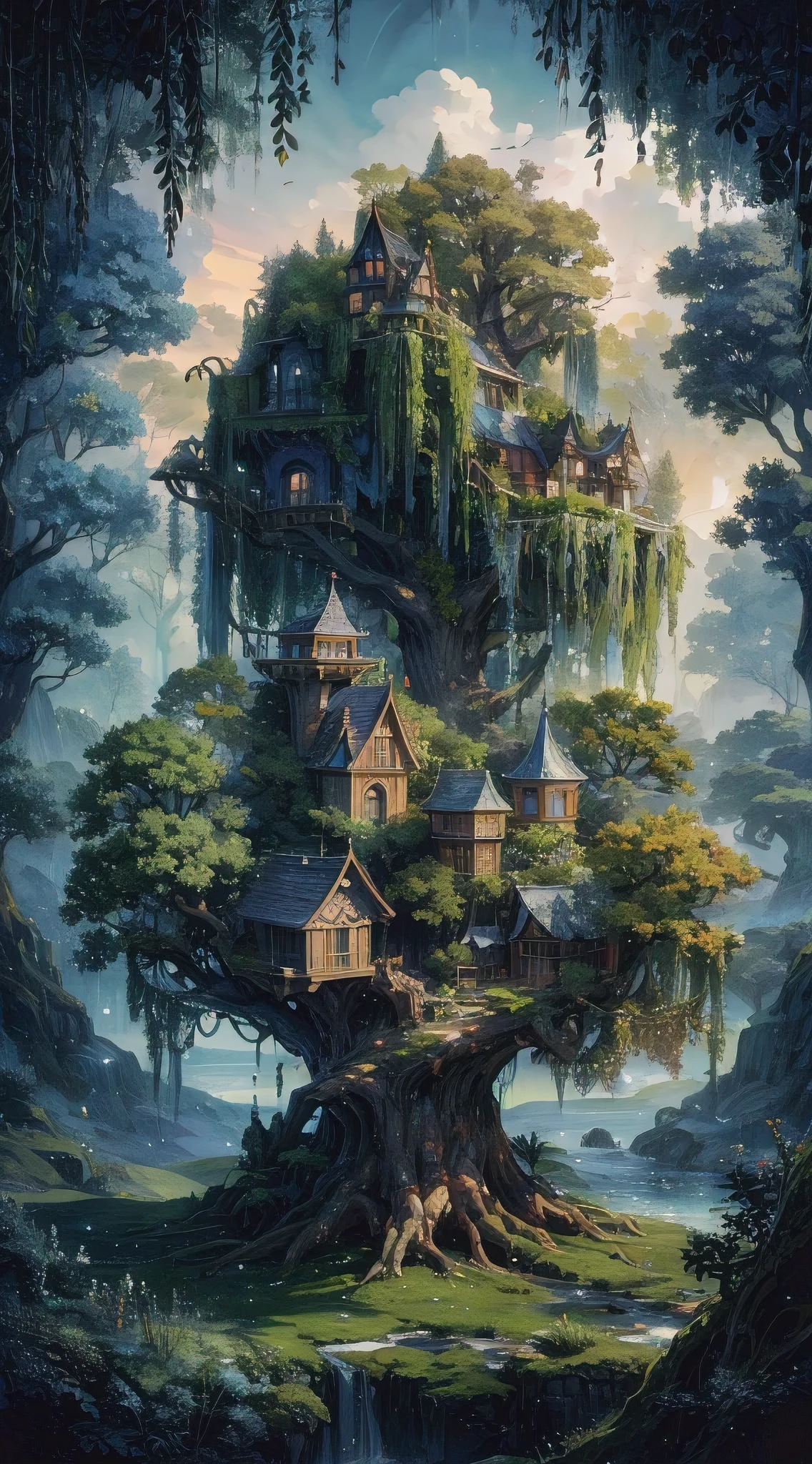 A captivating, whimsical painting of a miniature fantasy treehouse village nestled in the vast branches of a colossal weeping willow tree. The tree is surrounded by a variety of other trees, with blue and green hues dominating the landscape. The scene is rendered in a soft, hazy watercolor style, evoking a magical storybook illustration.

The village consists of intricately detailed treehouses, each with its own unique architectural style, and is nestled within the lush foliage. The background presents a detailed, dreamy landscape with an enchanting play of light and shadow. The overall mood is dark fantasy, with a subtle sense of mystery and wonder.

Detailed scenery elements, such as the swaying leaves, the dappled sunlight filtering through the canopy, and the distant silhouette of otherworldly creatures, add to, conceptual art, dark fantasy, painting
