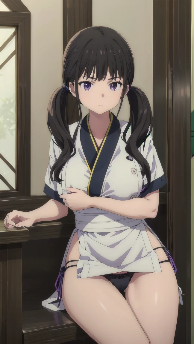 (((Pixel Perfect, Perfect detail))), (1 Girl, solo),  takina inoue, long hair, bangs, twintails, black hair, (purple eyes:1.2), japanese clothes, kimono, apron, waist apron, blue kimono, waitress, Sitting, (between breast:1.3), (Showing panties:1.3), whole body