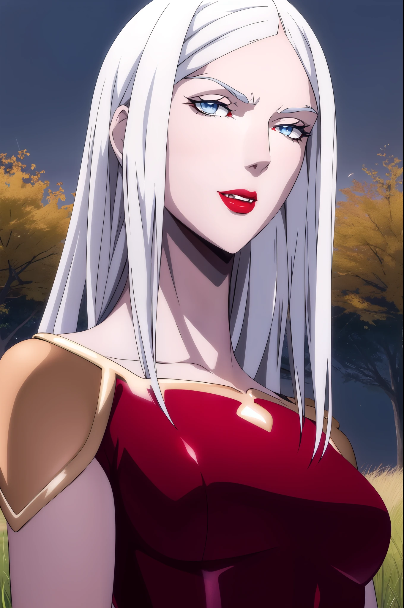 carmilla medium breasts, white hair, beautiful face, blue eyes, red lipstick, (masterpiece:1.2), best quality, absurdres, highres, extremely detailed wallpaper, perfect lighting, outdoors, grass, field, night sky,