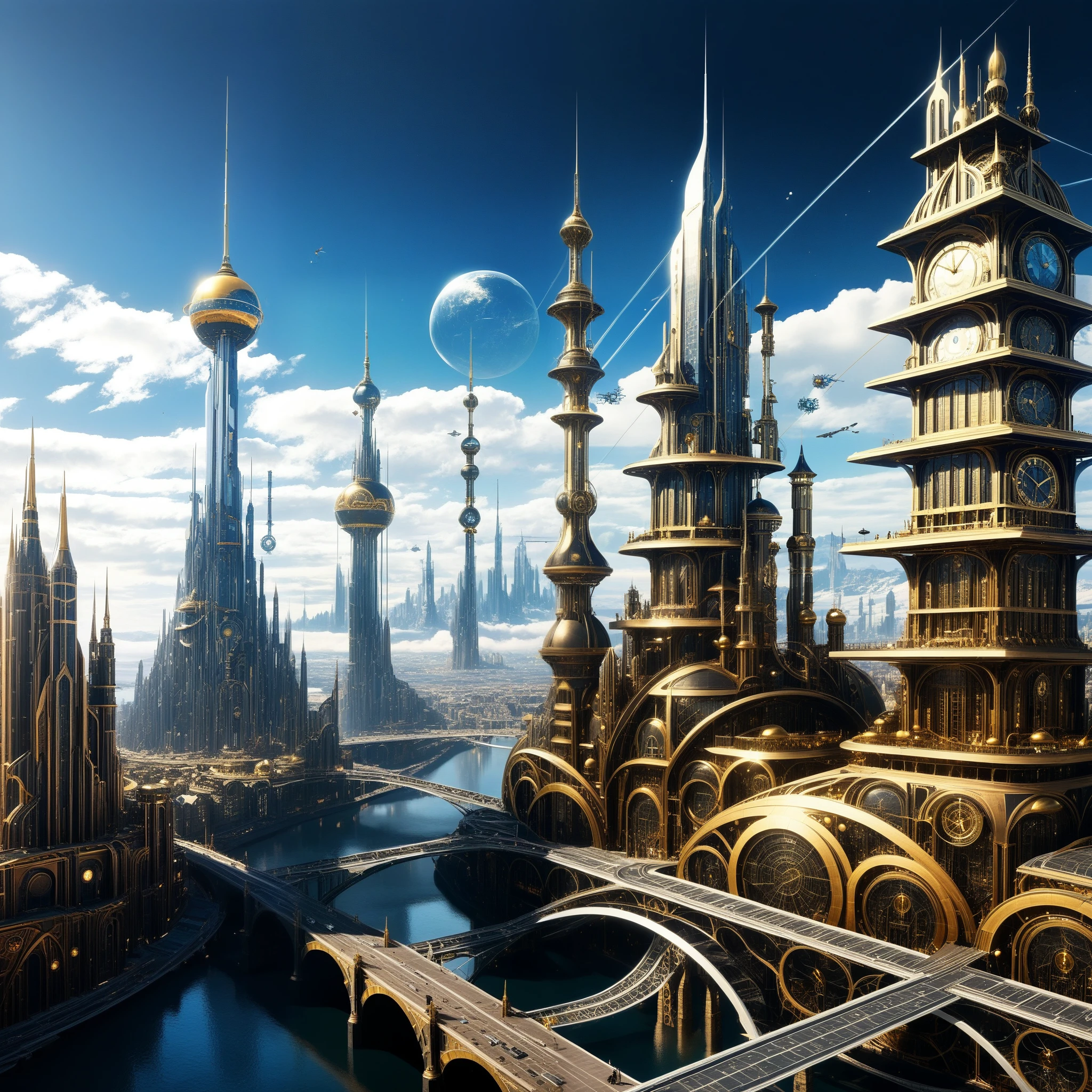 A cityscape of towering clockwork structures and futuristic marvels, where the past meets the future in a stunning display of creativity.