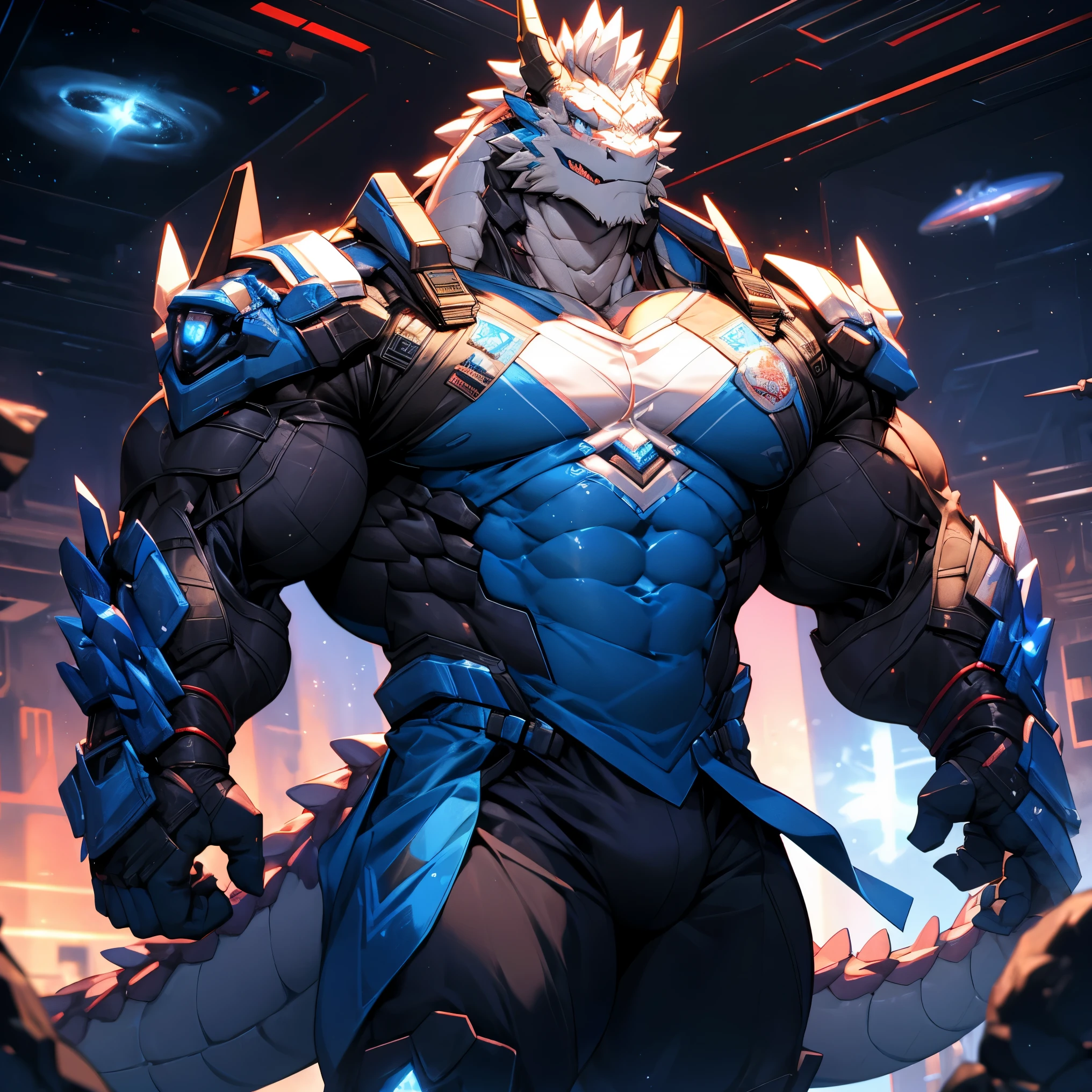 肌肉发达的White Dragon,Masculinity, No blue color on the body surface or armor,Pectoralis major, White Dragon,Heavyweight, Bodybuilder figure, Wearing cyberpunk mechs, Dress, Crotch bulge, View of the Milky Way from a spacecraft, In the Universe, Bright smile emoticon, sparkling skin, Vibrant colors, 4K, realism, Cool lighting