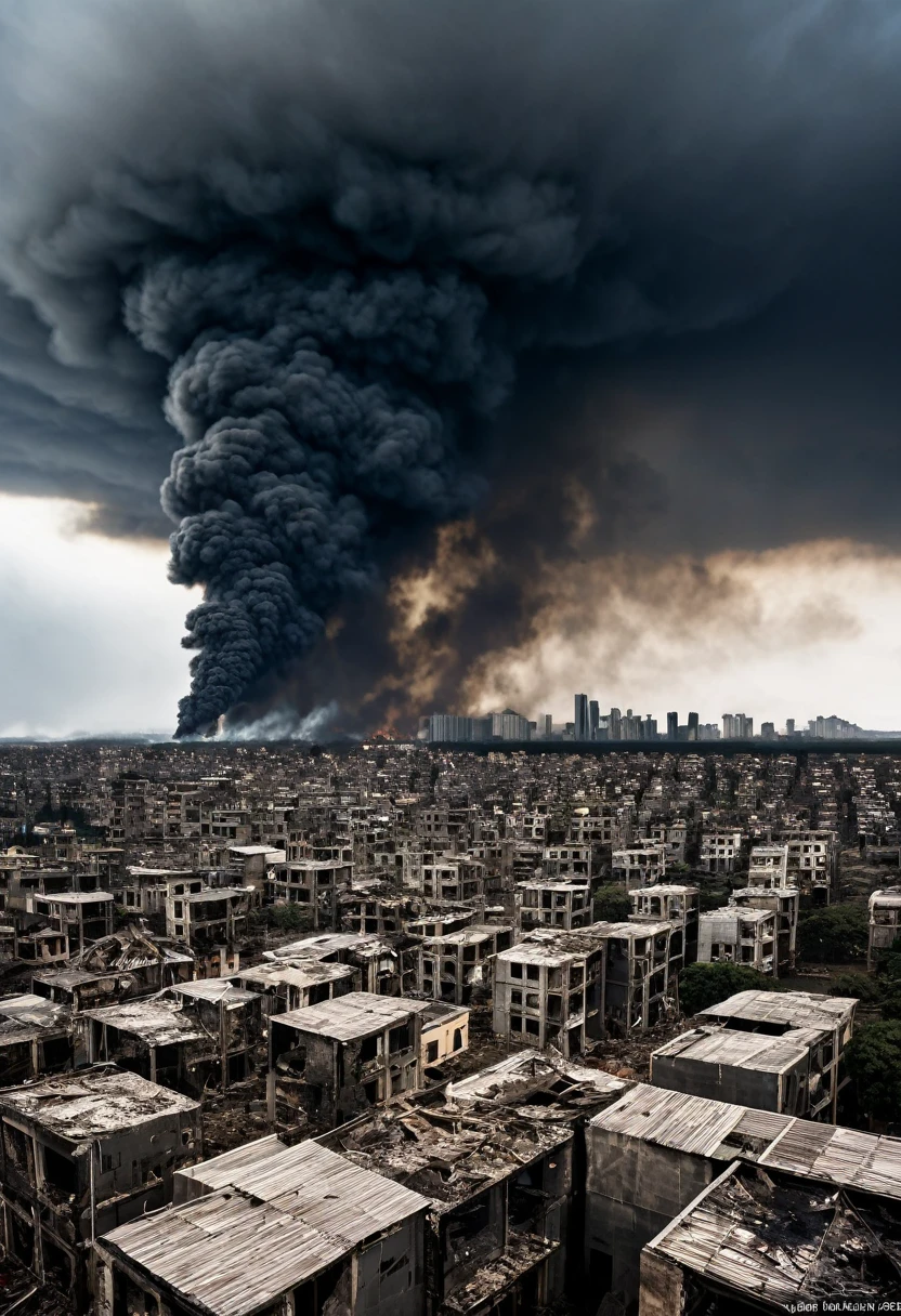 The representation of a big city with many destroyed buildings and an apocalypse and scared people ,o escuro, Apocalyptic mental image can be disturbing, uma cena desolada, with dark gray sky, nuvens negras e raio cortando o horizonte. Ruas vazias e desertas, Ruined buildings and fires burning out of control. Pessoas desesperadas, algumas correndo sem rumo, with no hope of survival in the face of the imminent catastrophe. The air is heavy with the smell of smoke and despair, enquanto a inevitabilidade do fim paira sobre todos, the world destroyed and crumbling with an air of sadness, people crying in despair destroyed houses and trees