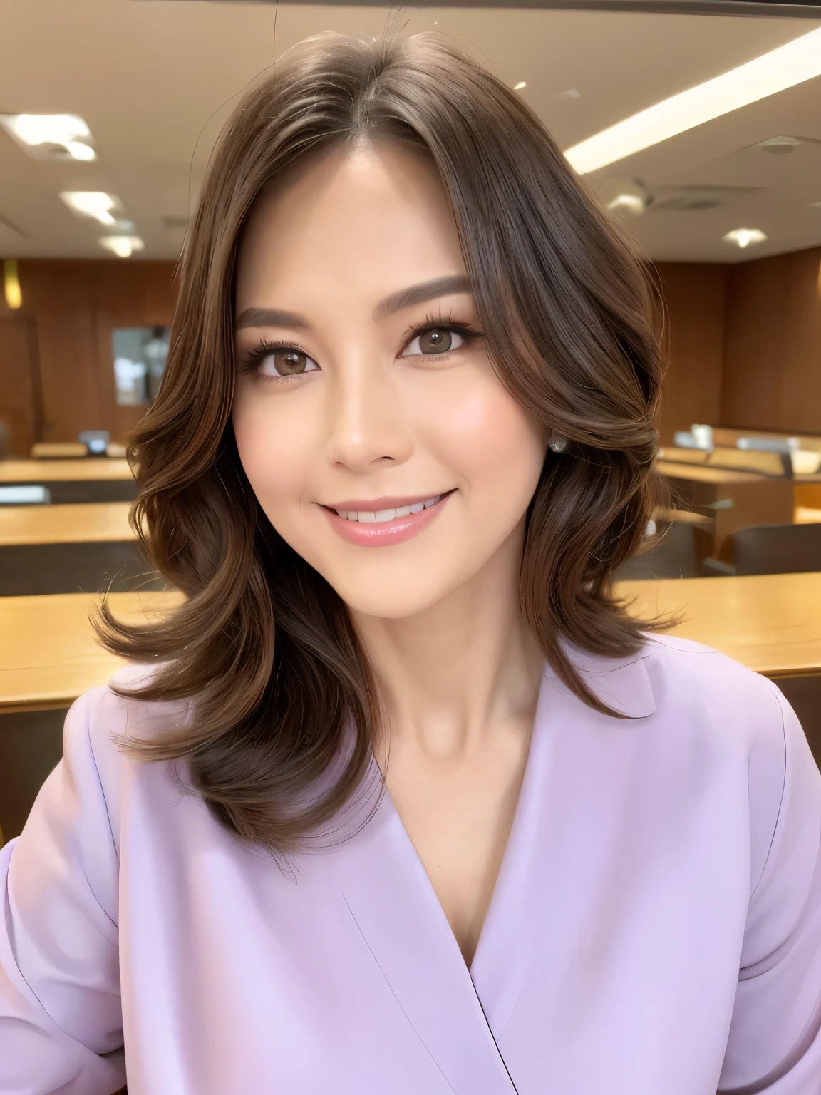 (highest quality、Tabletop、8k、Best image quality、Award-winning works)、One beautiful mature woman、(Courthouse background is blurred:1.1)、blurred audience、(Elegant and beautiful, perfect outfit:1.1)、Plump and glossy lips、(avert your eyes:1.1)、Professional Lighting、Illuminate the face、(Very short hair with loose curls:1.1)、(Wrinkled face:1.05)、(Wrinkles around the eyes:1.05)、(Nasolabial folds:1.05)、(Small wrinkles:1.05)、Upper body photo、Elegant and flawless makeup、Ultra-high definition beauty face、Ultra HD Hair、Ultra-high definition sparkling eyes、(Shining Ultra HD Beautiful Skin:1.1)、Ultra-high quality glossy lips、(Accurate anatomy:1.1)、Ultra HD Hair、Ultra high resolution perfect beautiful teeth