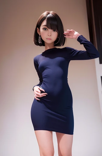 Detailed explanation,、High resolution、high quality、Perfect dynamic composition、Beautiful fine details、short hair、Small breasts、Natural color lip、Kamimei、Shibuya Ward、20-year-old girl、1 person、Clear Skin、Shiny Hair、masterpiece、最high quality、In detail、High resolution、8k、The correct state of the human body、The item she is wearing is a navy blue slim long knit dress、Random pose、Sculpture model pose、Hair dancing in the wind
