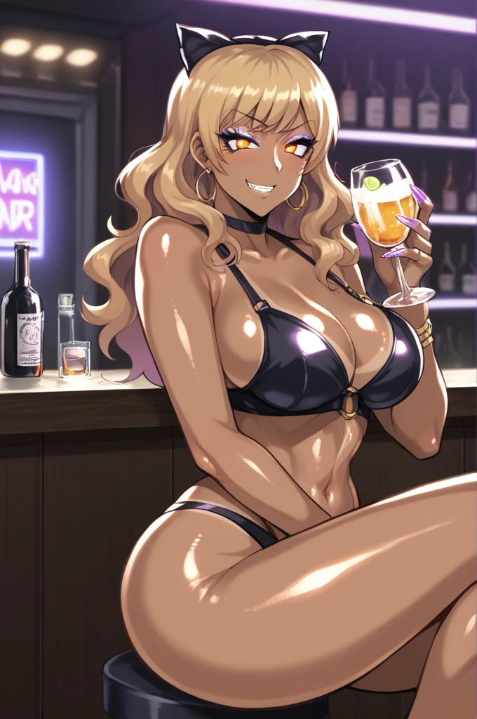 Score_9, score_8_up, score_7_up, score_6_up, score_5_up, score_4_up, source_anime, solo, 1girl, mature female, blake_belladonna, dark skin, dark-skinned female, makeup, eyeshadow, Gyaru, tanned skin, shiny skin, metallic tan, colored skin, jet-black skin, saliva, glowing eyes, smirk BREAK light blush, drinking glass, bar, dim lighting